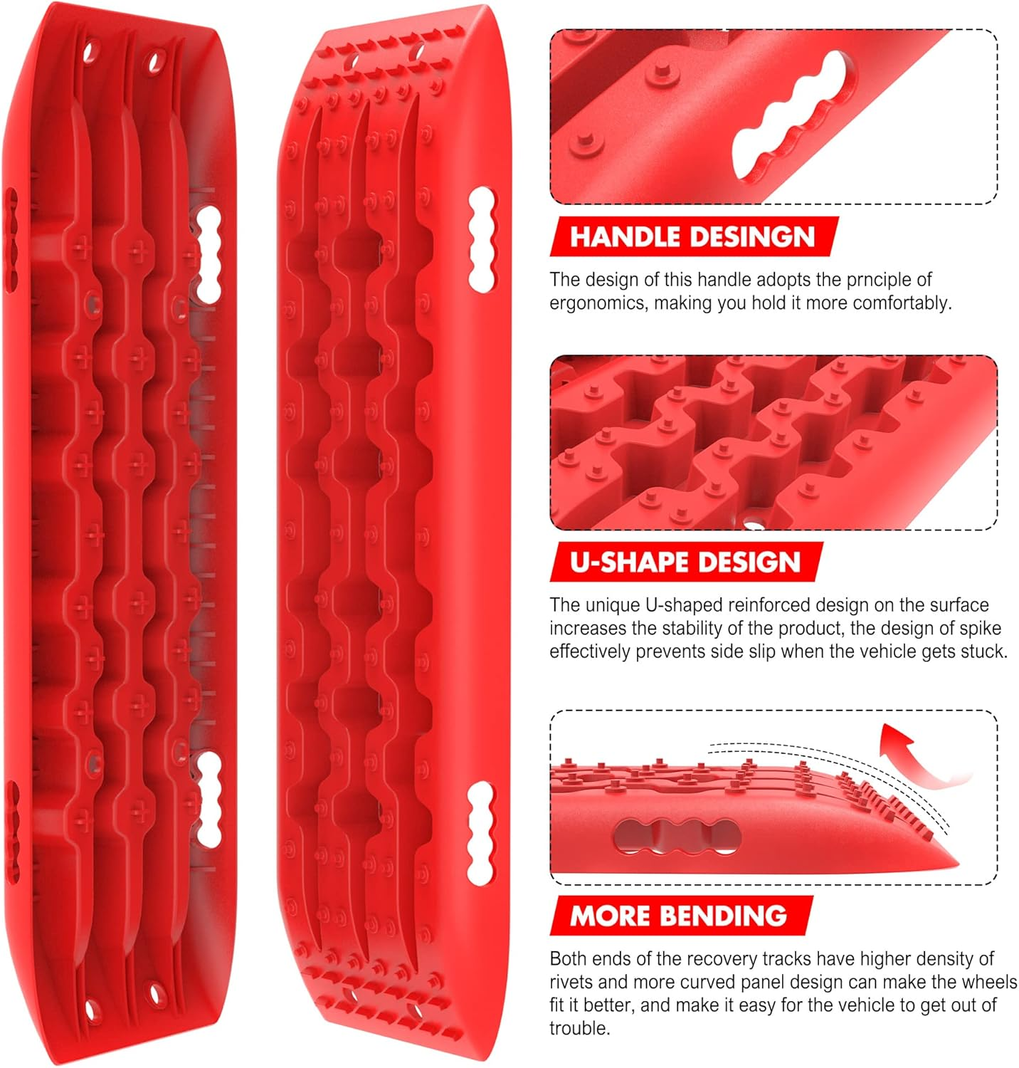 X-BULL Recovery Tracks 4X4 Recovery Boards Offroad 4Wd Tracks 22046LBS/10000KG Stand for Automotive Accessories Tires and Wheels in the Sand Mud Snow(Gen 2.0 Red) image number 6