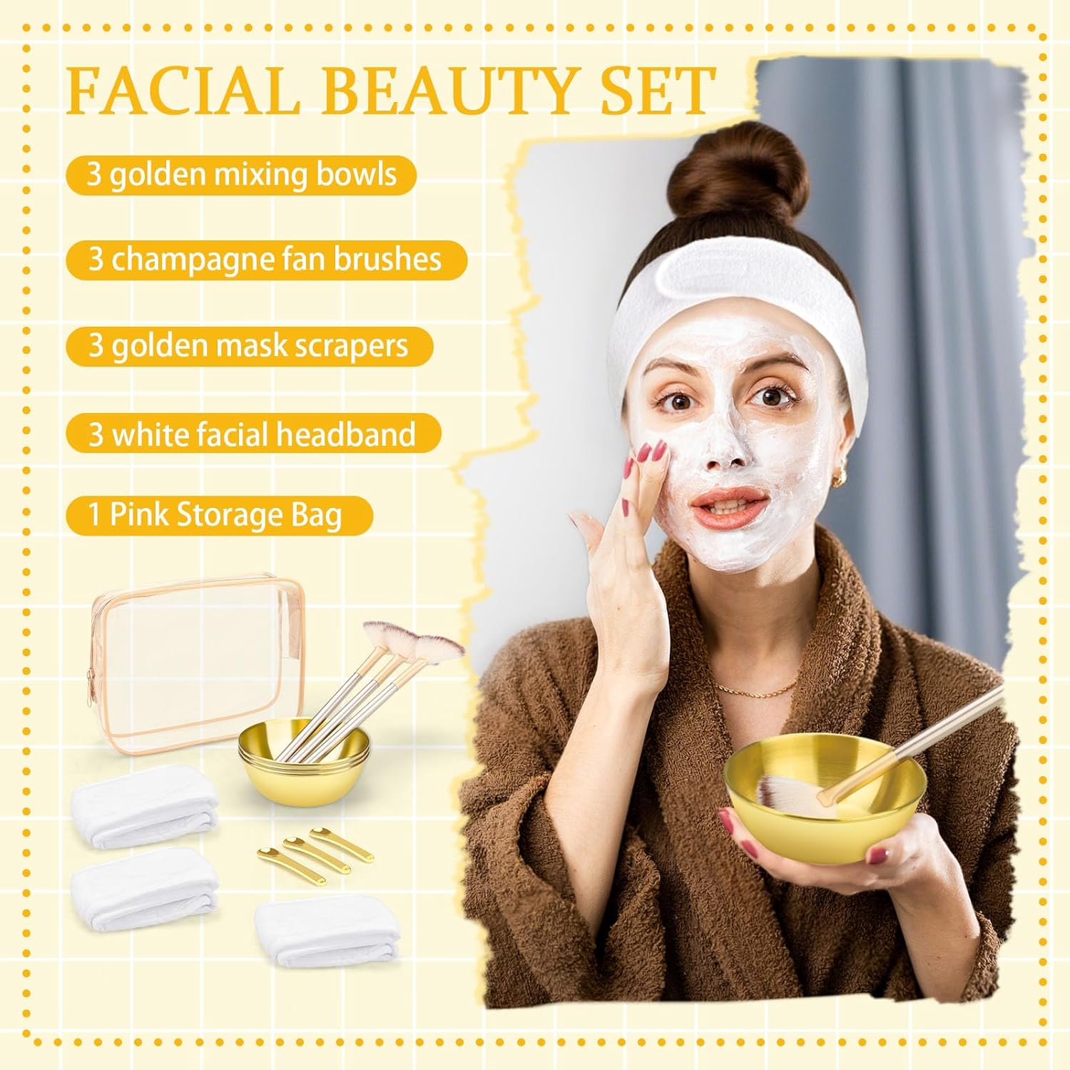 13 Pieces Esthetician Supplies Set, Cosmetic Fan Brush for Facial with Headband, Mixing Bowls, Makeup Spatula & Clear Zippered Cosmetic Bag, Skincare Applicator Tool for Home Salon Use image number 1