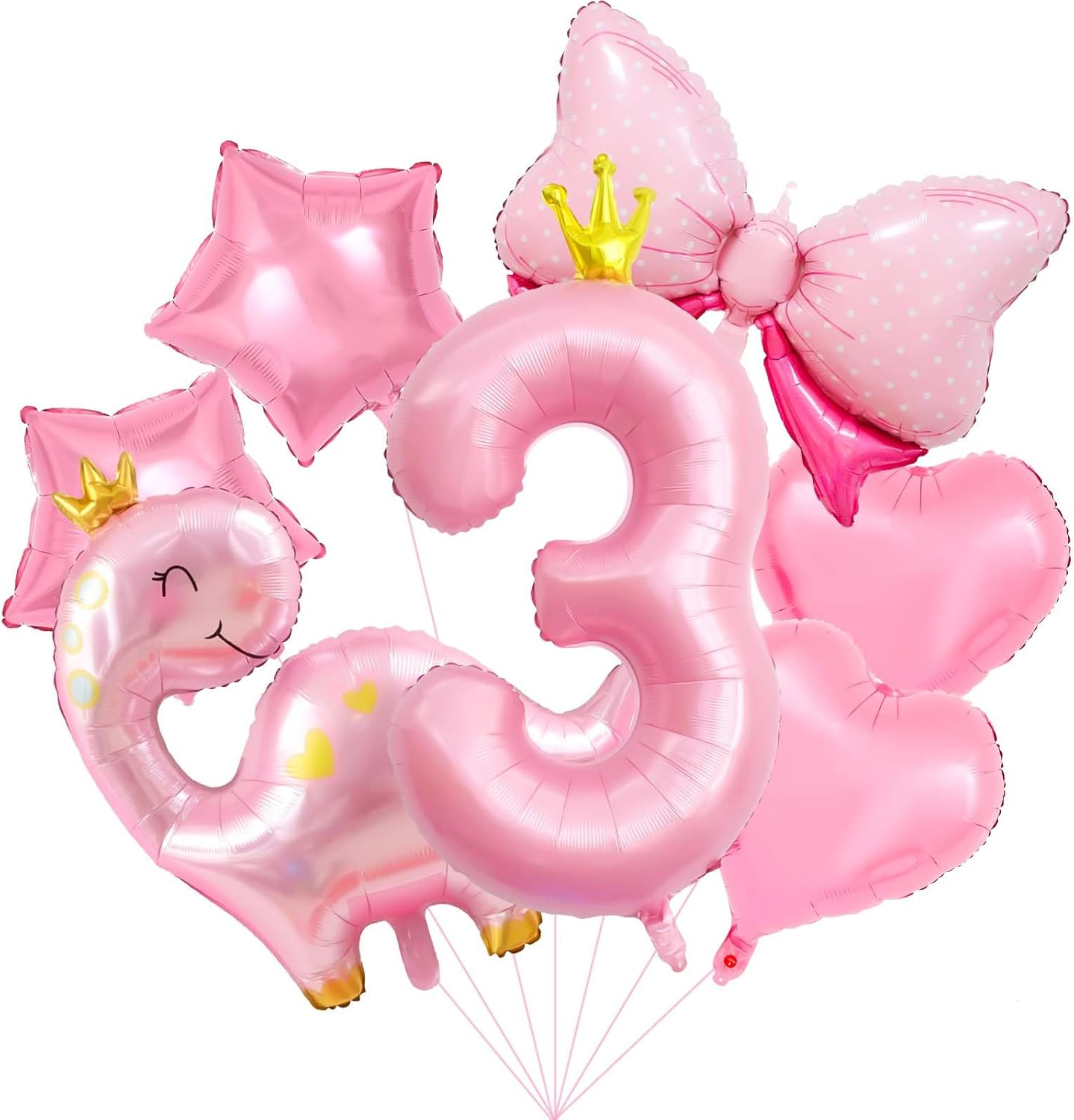 40 Inch Number Balloon Pack, Cute Crown Dinosaur and Star Bow Heart, Pastel Pink Dino Birthday Decoration for Girls (4)