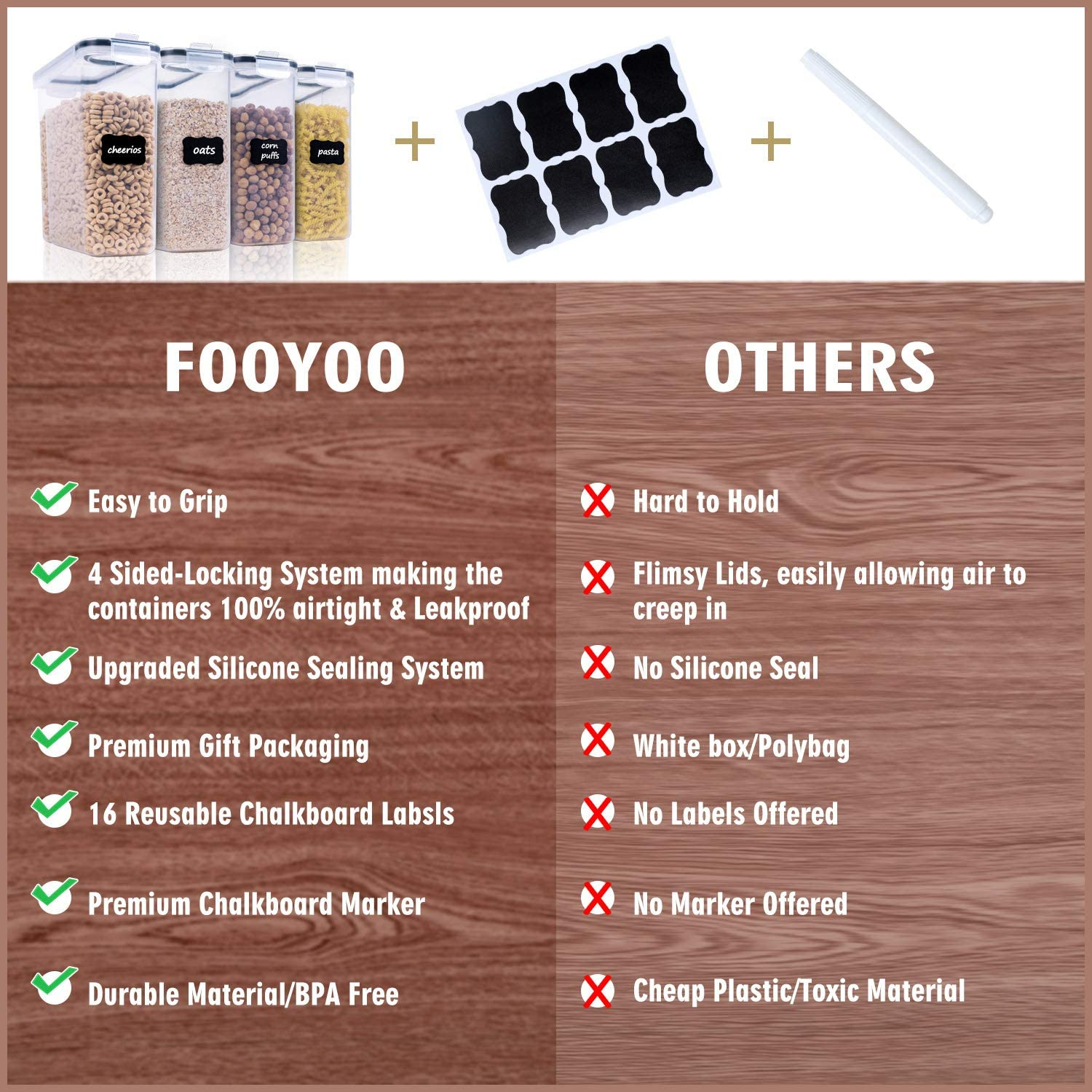 FOOYOO Cereal Containers Storage Set - 4 Piece Airtight Large Food Storage Containers(135.2Oz), BPA Free Dispenser Plastic Cereal Storage Containers image number 5