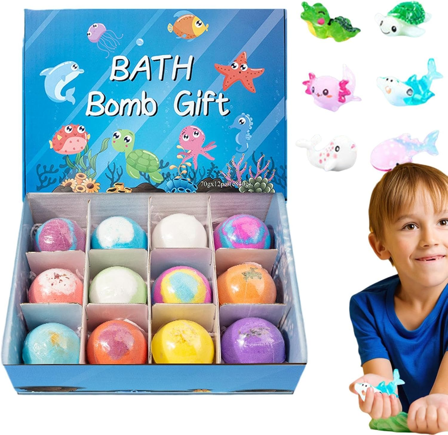 Colorful Bubble Bath - Land and Sea Toys, Organic Bath Balls | 12Pcs Handmade Bubble Bath Bombs Spa Fizz Ball Kit, Portable Bath Giift Set with Surprise Toys for Birthday Halloween Christmas image number 3