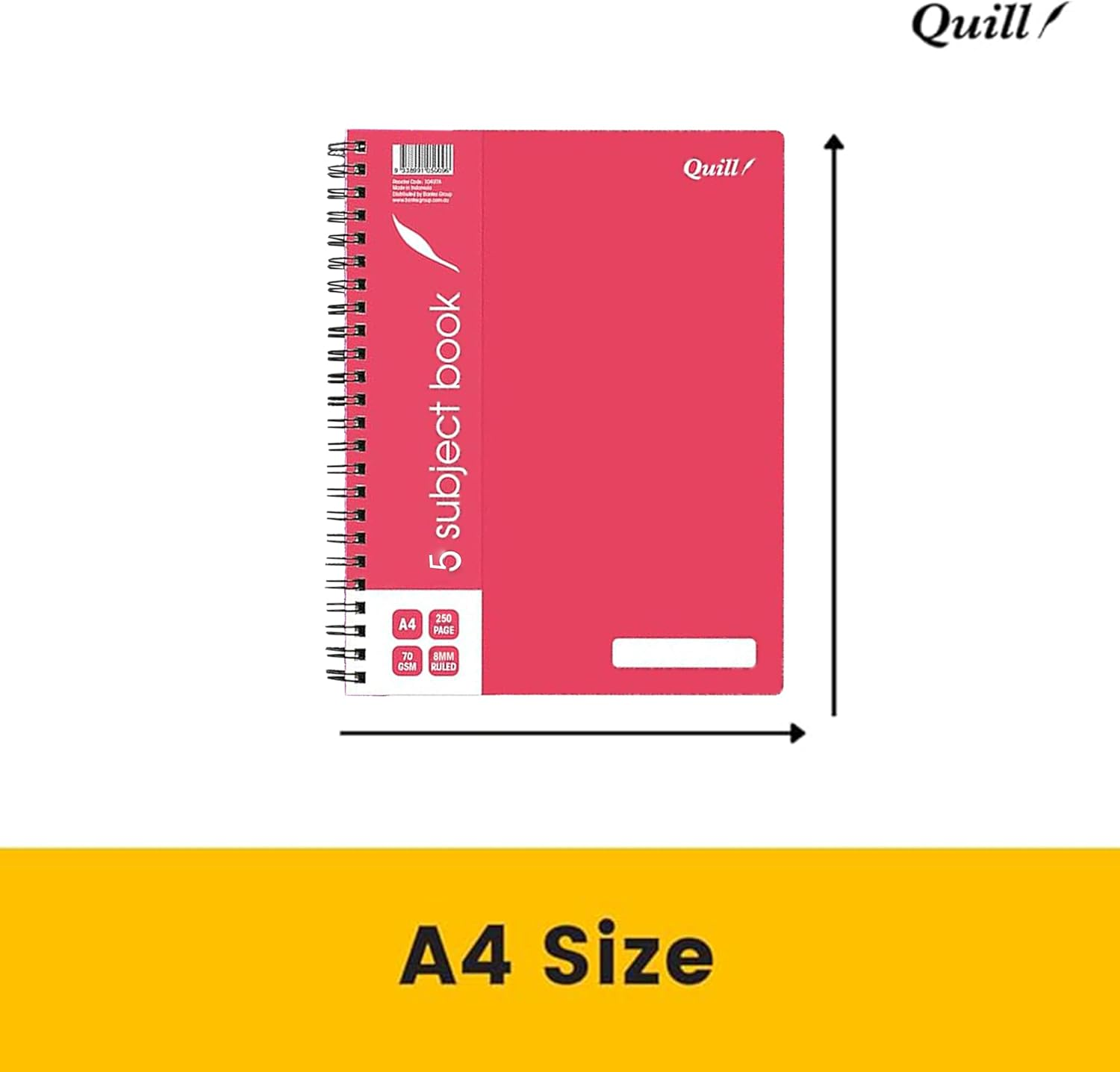 Quill, 5 Subject Notebook A4, 250 Pages, 8Mm Ruled, 70Gsm, 7 Punched Holes, with Red Margin and Perforated Pages, Water Resistent Cover, Random Colour image number 1
