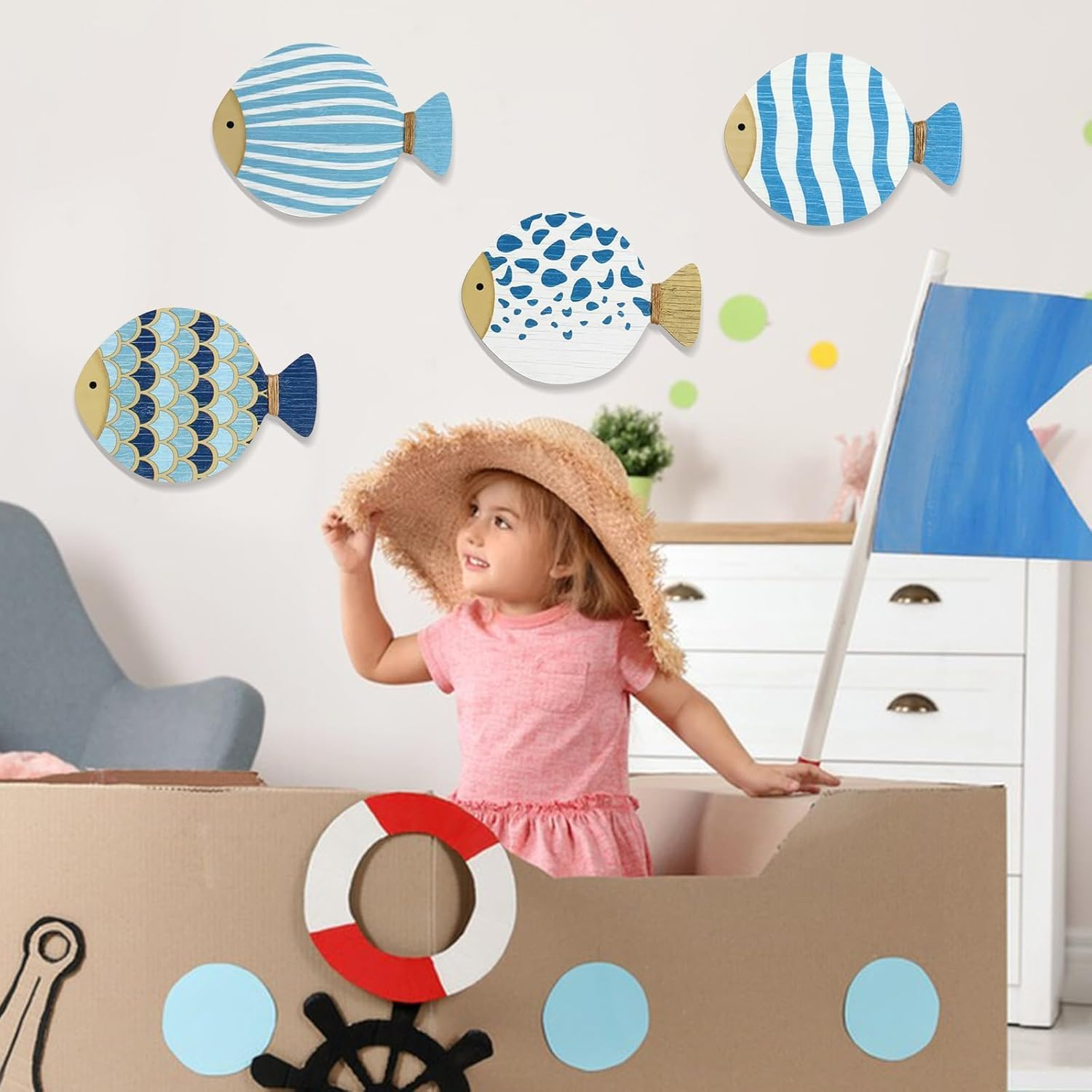 4 PCS Vintage Beach Wall Decor Wooden Fish Nautical Wall Art Coastal Wall Art Blue Fish Wall Sculpture Lake House Hanging Decor Ocean Room Decor for Bathroom Bedroom image number 4