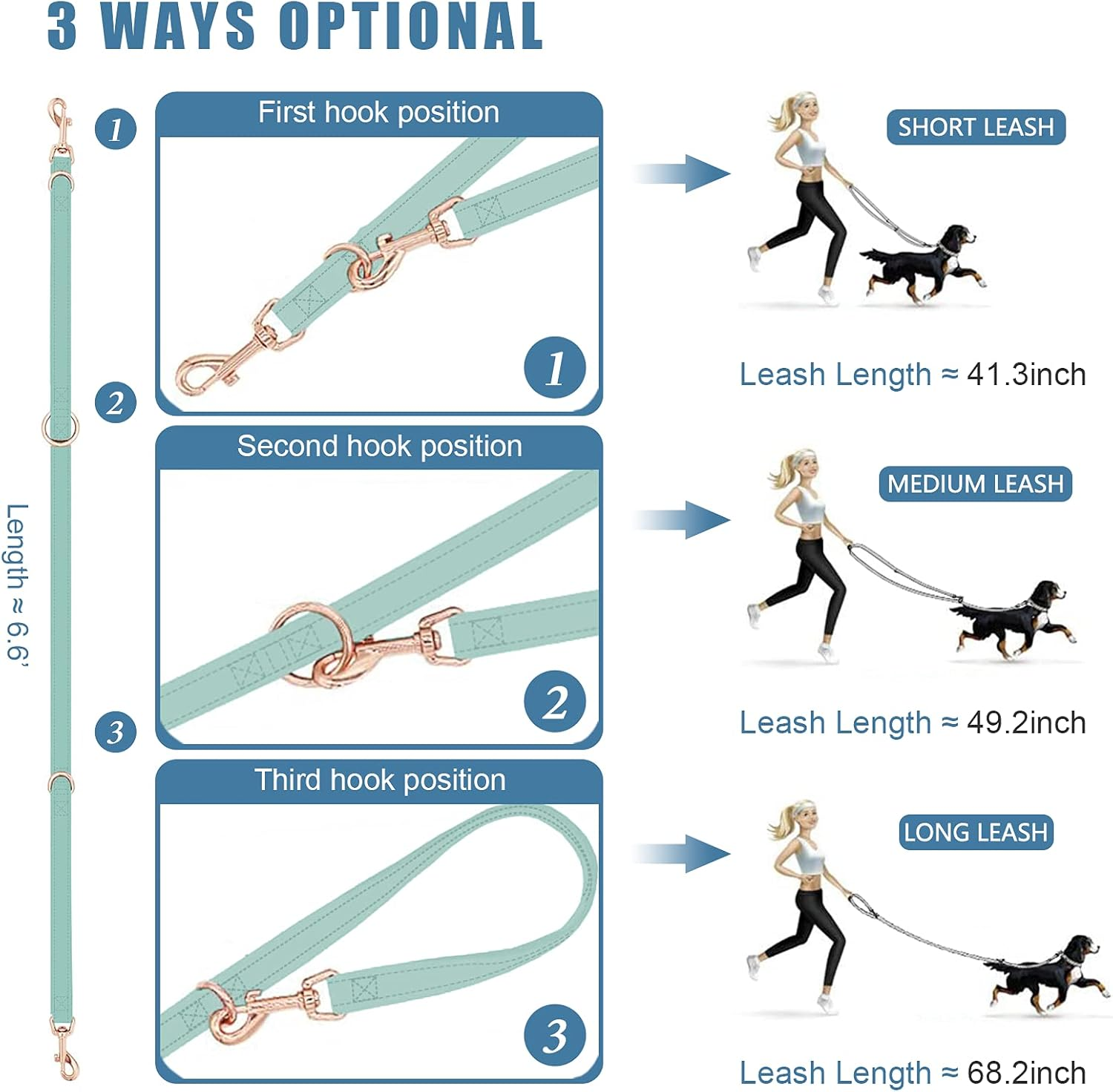 Soft Leather Dog Collar and Leash (6.6') Set - Stylish Rose Gold Heavy Duty Metal Buckle, 4 Adjustable Lengths Leash for Small Medium Large Dogs - Comfortable & Easy to Clean (Green, L(15.4"-24.8")) image number 5