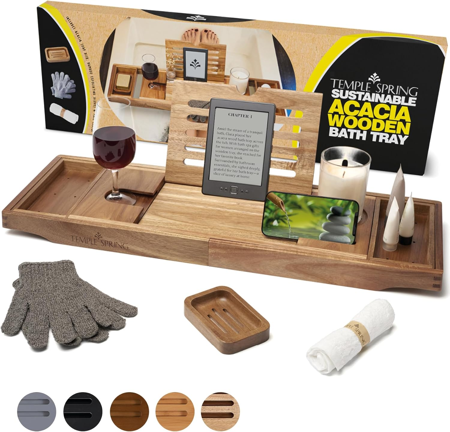 Temple Spring Wooden Bath Tray, Bath Shelf Bathroom Accessory, Home Spa Boards for Adults, Bathtub Caddy, Bamboo Bathroom Accessories Set, Extendable Bathtub Rack with Ipad & Phone Holder - White