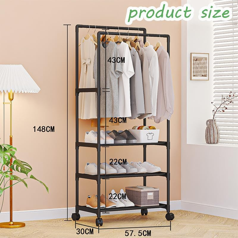 Double-Rail Clothes Hanger Stand, Storage Shelf Stand with Clothes Rail and Rolling Coat Rack,Clothing Garment Rack with Bottom Shelf, Drying Rack, Household Space Saving Storage Organizer for Bedroom image number 6