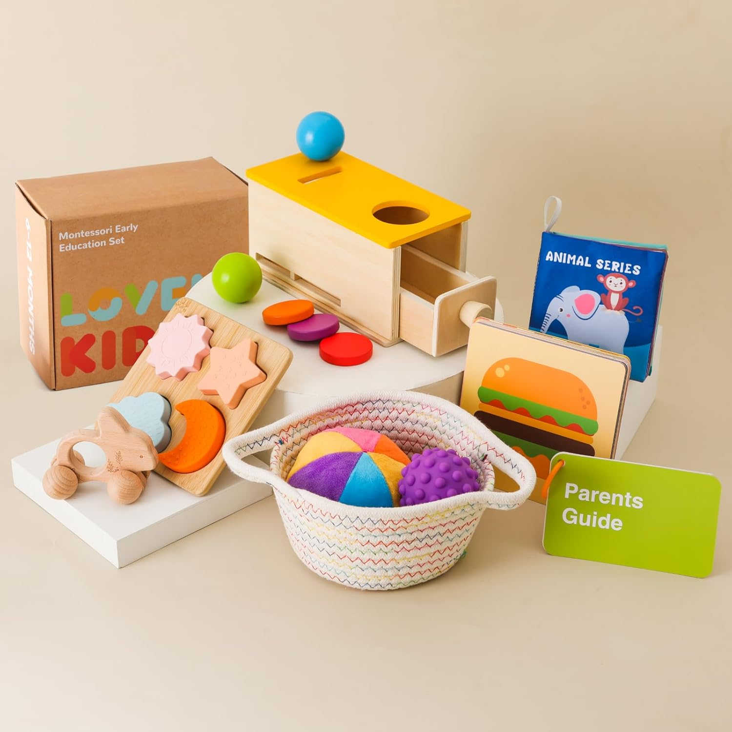 Montessori Toys for Babies 6-12 Months 6 in 1 Learning Educational Toy Set Wooden Toys Play Kit Includes Object Permanence Box, Touch & Match Board, Sensory Ball & Treasure Basket, Soft Baby Book image number 5