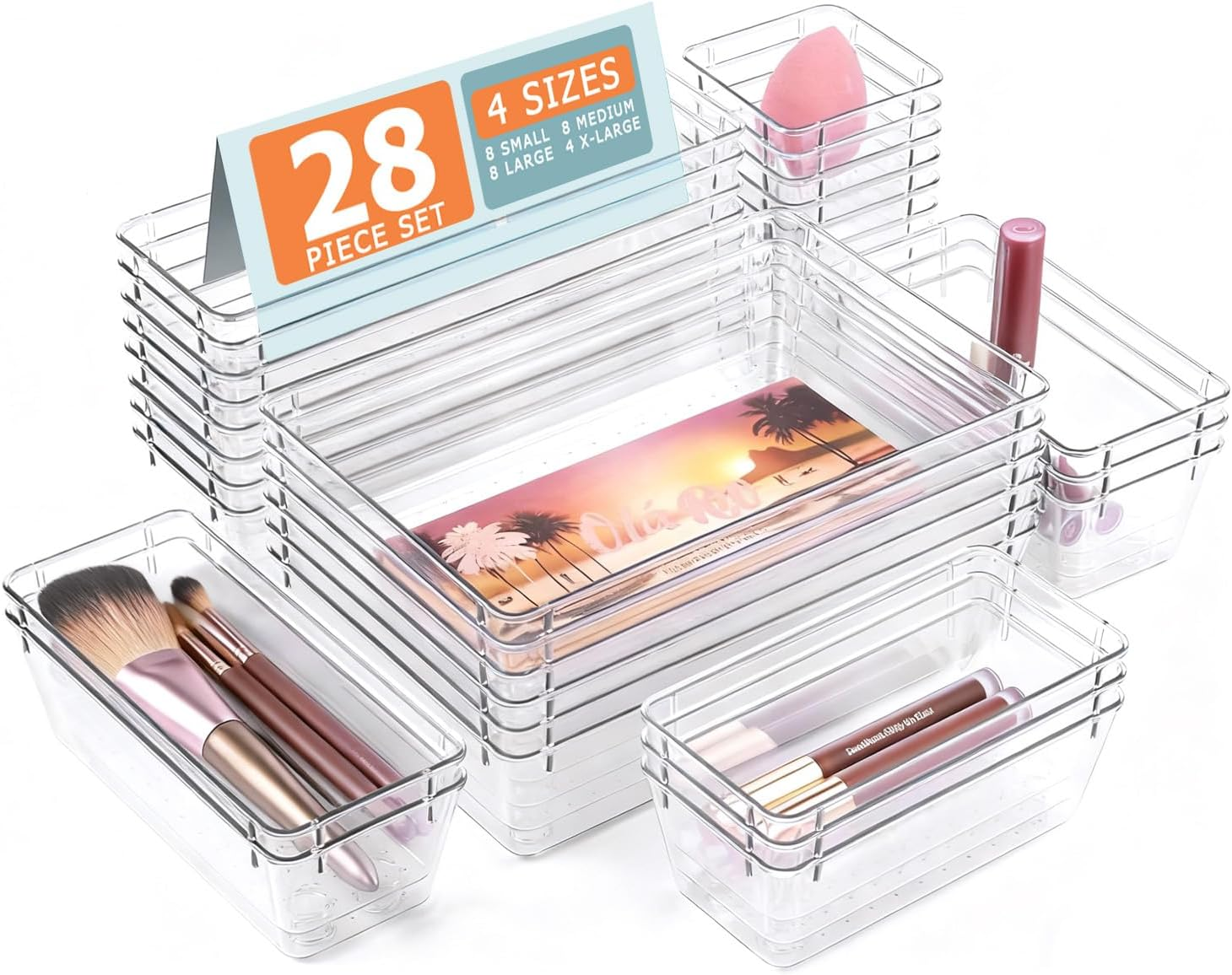 28PCS Drawer Organiser Set, 4 Sizes Clear Plastic Organisers for Vanity, Desk & Bathroom &ndash; Versatile Storage for Makeup, Jewellery & Small Itemsstackable Drawer Organizers, Ideal for Home Organisation