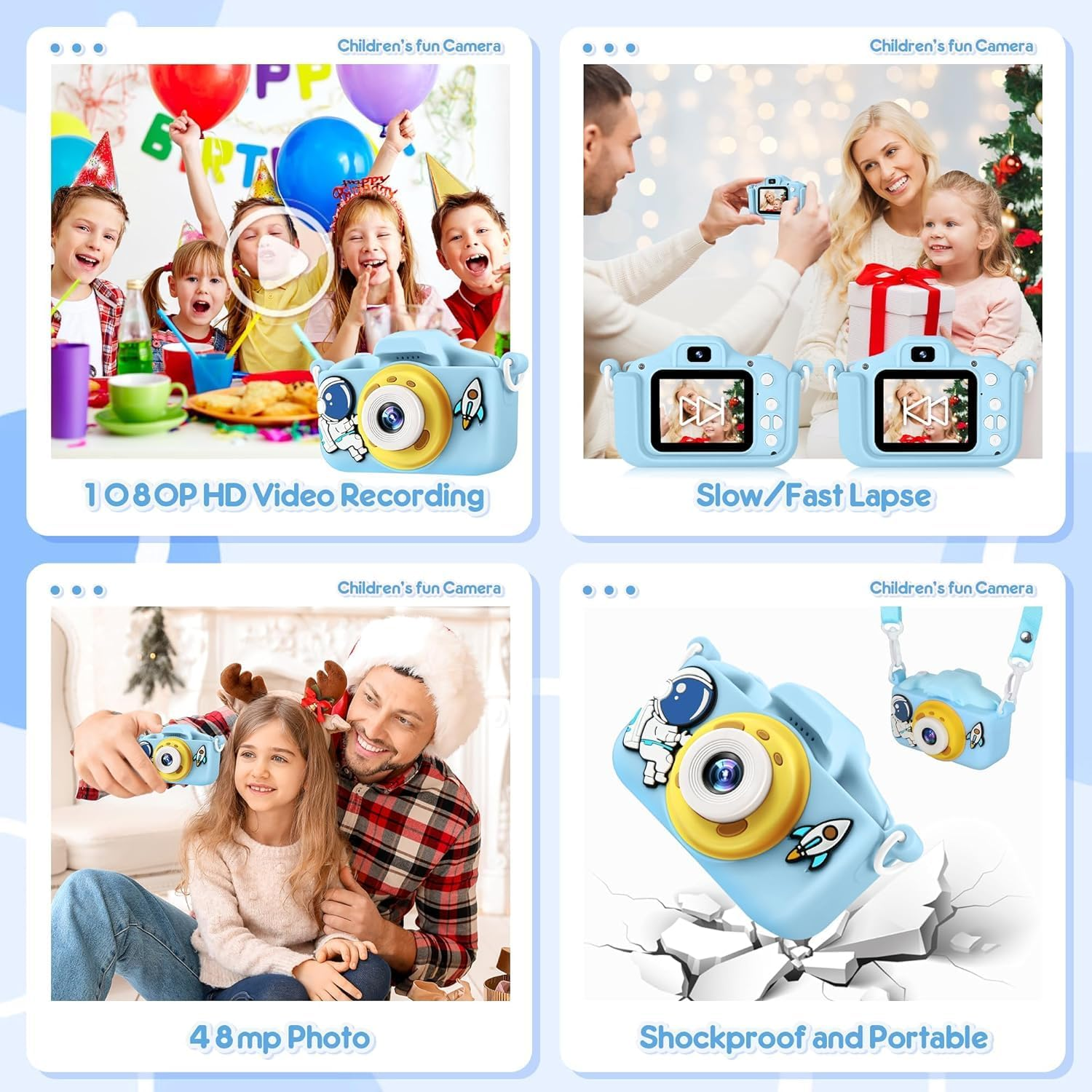 Kids Camera Toys for 3-12 Year Old Boys Girls Children, 1080P HD Portable Child Digital Video Camera with Silicone Cover, Chritmas Birthday Festival Gifts for Toddler with 32G SD Card (Astronaut Blue)