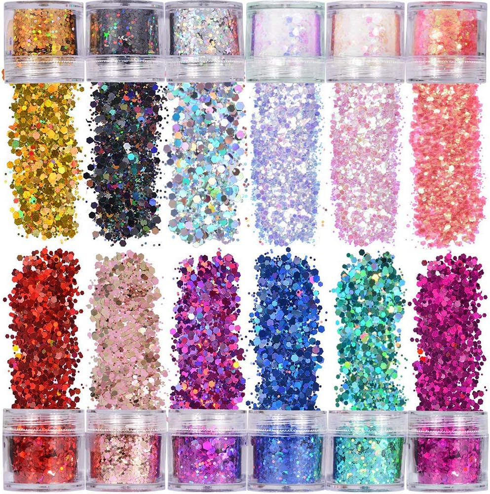 12 Boxes Hexagon Shape Sequins Face Glitter Chunky Glitters Flakes Colorful for Makeup Hair Nail Art Decoration image number 4