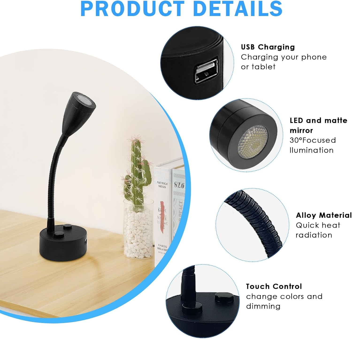 Tznpnor 2 Pack 12-24V RV LED Bedside Light USB Charging Port Gooseneck LED Spotlight, Touch Dimming 360&deg; Rotating Spotlight for Camper Travel Truck Trailer RV Bedside Lamp (Black) image number 6