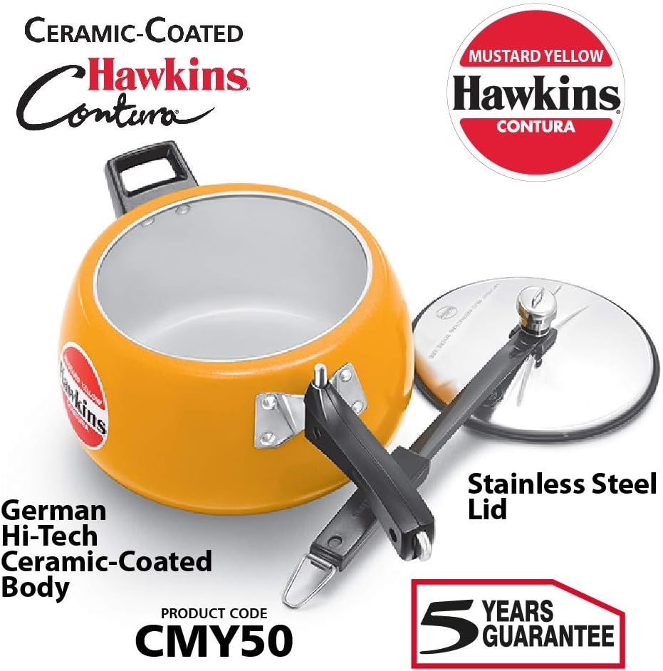 Hawkins Contura Ceramic-Coated Pressure Cooker, 5 Litre Capacity, Mustard Yellow image number 6