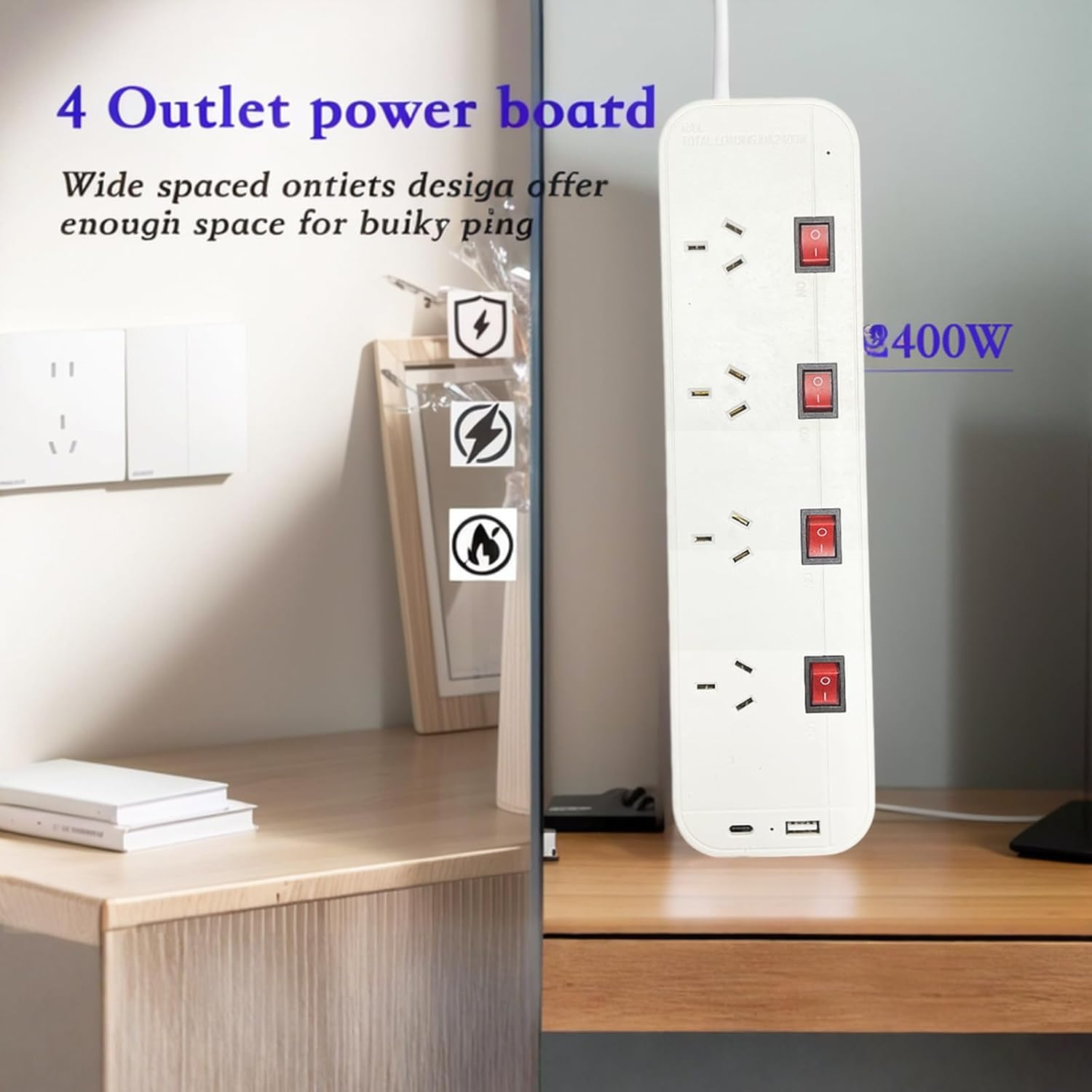 Power Board Surge Protector with Individual Switch, Power Strip with 4 AC Outlets, 1Xusb a and 1Xusb C Charging Port, 2M Extension Cord Power Strip, Wall Mount for Home and Office image number 1