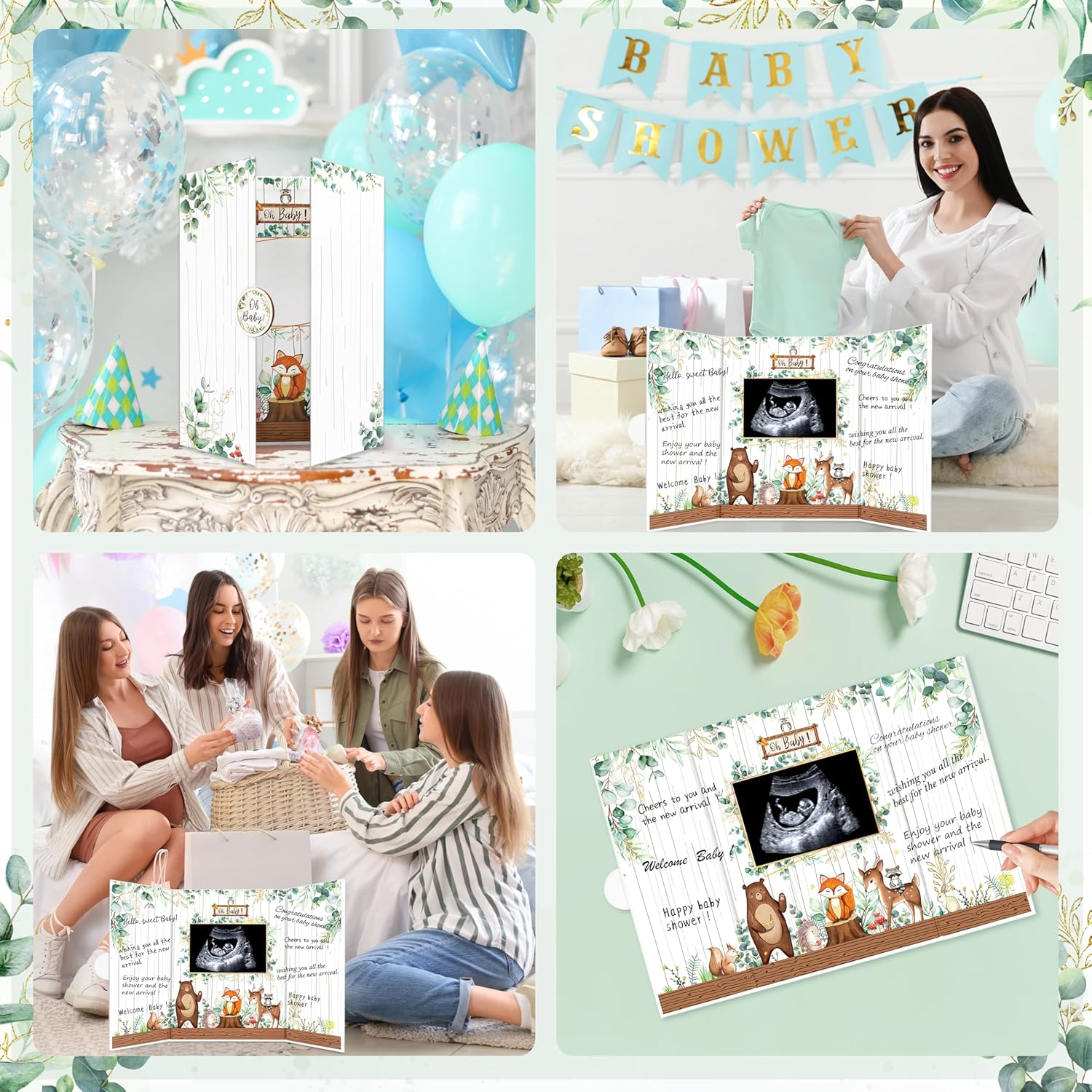 BORAMDO Woodland Animal Baby Shower Guest Book Alternative Safari-Themed Signature Book with Animal Designs Oh Baby Shower Keepsake Memory Book Green White Party Decor image number 3