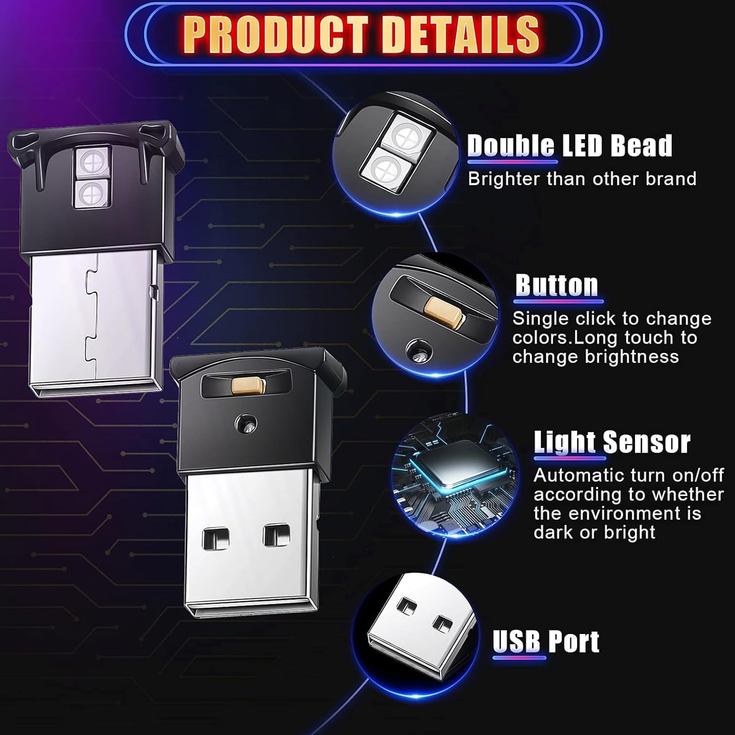 Mini USB LED Light, 8 Colors Car LED Interior Lighting 5V Smart USB Atmosphere Light, Laptop Keyboard Office Decoration Night Lamp, Adjustable Brightness image number 3