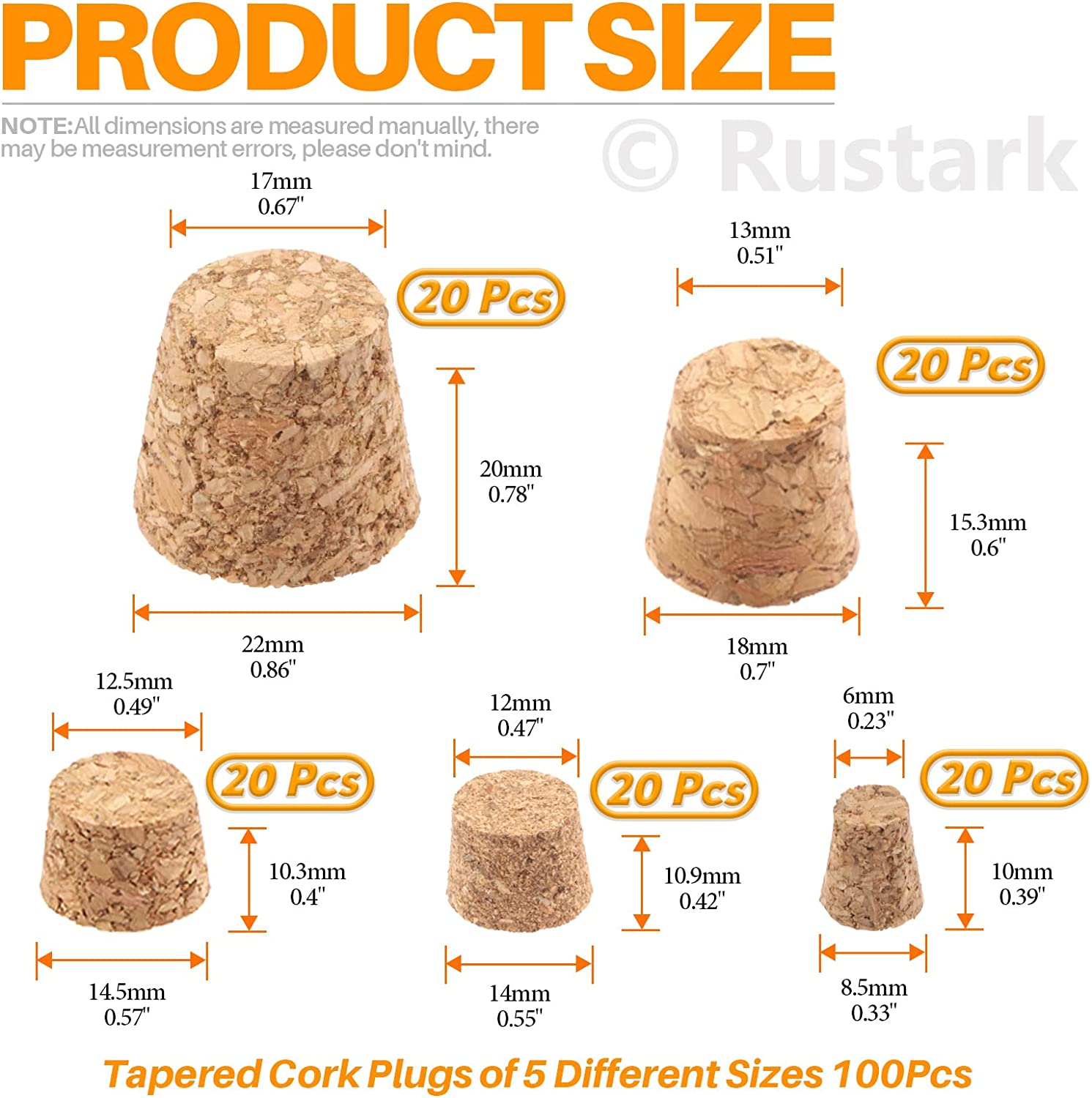 100Pcs 5 Sizes Mini Cork Stoppers Tapered Cork Plugs Small Corks Assortment Wooden Replacement Assorted Corks for Craft Glass Jars Wine Bottles image number 6