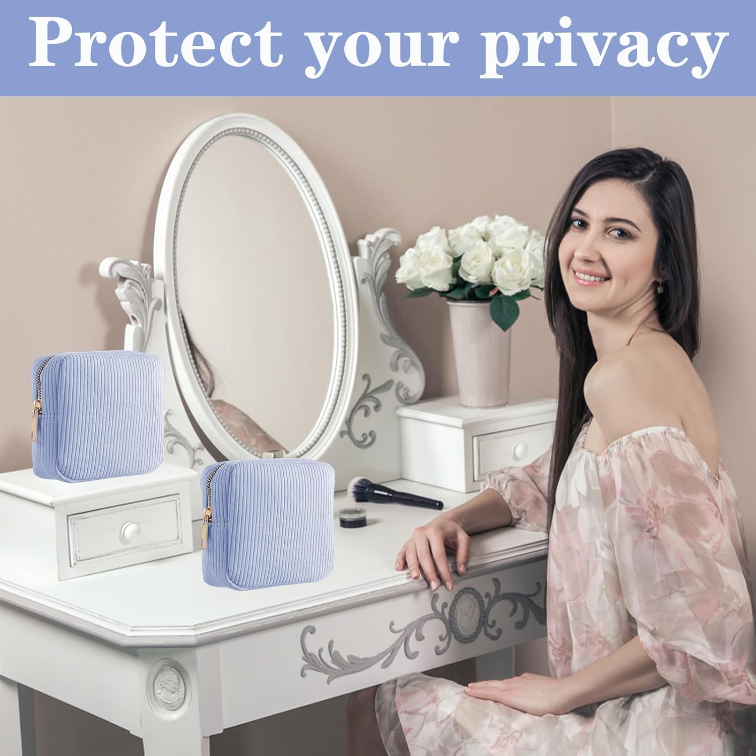 Sanitary Pad Storage Bag, Period Bags for Teenage Girls, Portable Small Corduroy Period Bag with Zipper, Cute Soft Mini Makeup Bag First Period Kit for Girls Women Outdoor(Blue) image number 6