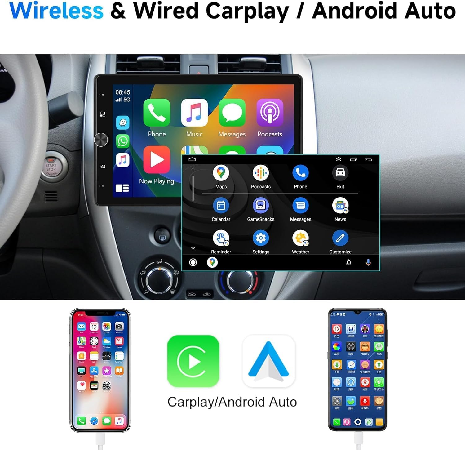 10.4 Inch Single Din Radio Car Stereo with Wireless Carplay Android Auto,Rotatable Touch Screen Head Unit with Bluetooth/16-Band EQ Audio/Mirror Link/Swc/Fm/Usb/Tf Backup Camera image number 5