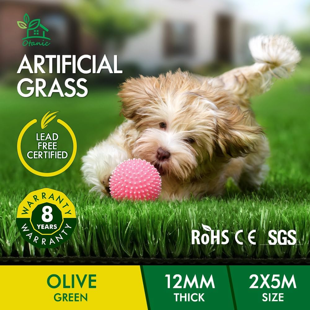 OTANIC Artificial Grass 10SQM Roll 2X5M Synthetic Turf Mat in 12Mm Pile Height, Indoor Outdoor Yarn Lawn Plant Rug, DIY Garden Grass Flooring Carpet with Drainage in Oliver Green