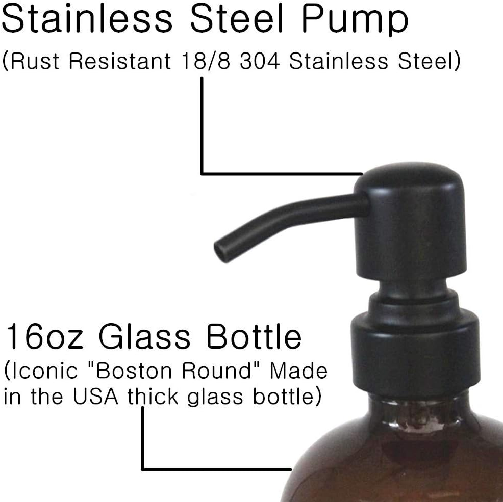 2 Pack Thick Amber Glass Pint Jar Soap Dispenser with Matte Black Stainless Steel Pump, 16Ounce Boston round Bottles Dispenser with Rustproof Pump for Essential Oil, Lotion Soap image number 3