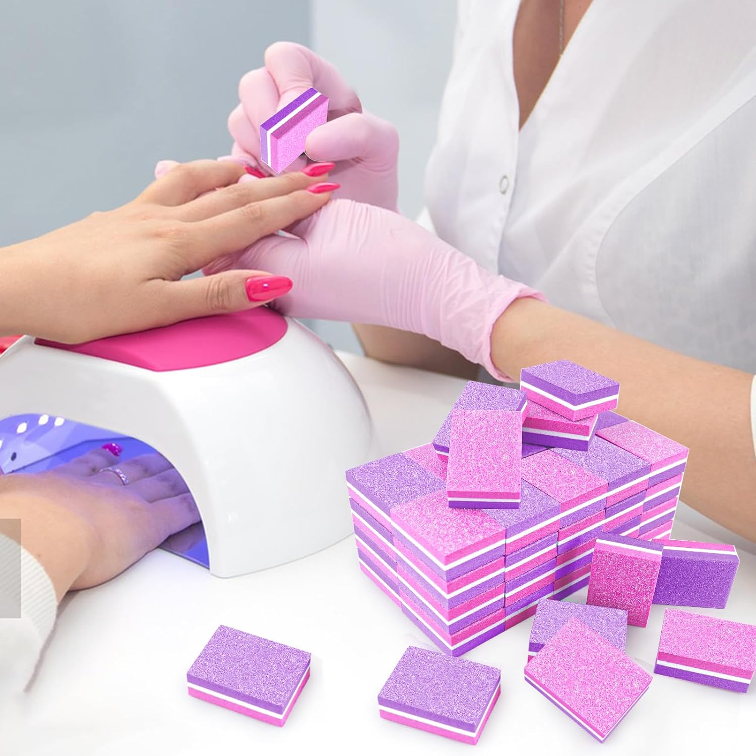 50 Pcs Sponge Nail Buffers,100/180 Grit Mini Nail Files,Mini Buffer Block Nail File for Acrylic & Natural Nails,Double-Sided Buffing Blocks for Manicure & Pedicure,Salon & Home Use(Pink-Purple)
