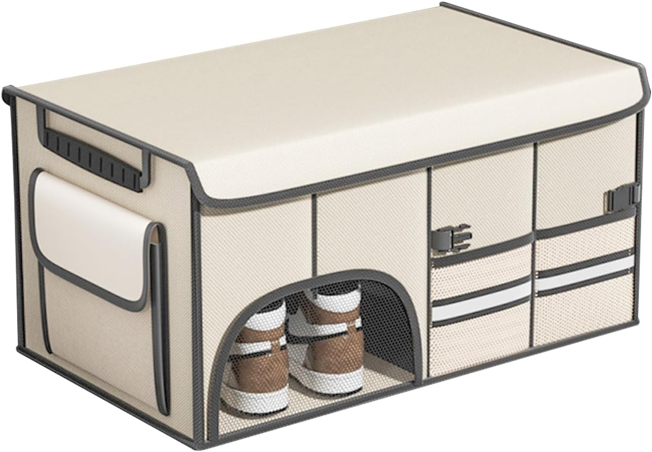 72L Car Trunk Organizer, Collapsible Car Storage Container with Lid, Multi Compartments Car Storage Organizer with Reflective Strip for SUV, Truck, Sedan (Beige) image number 4