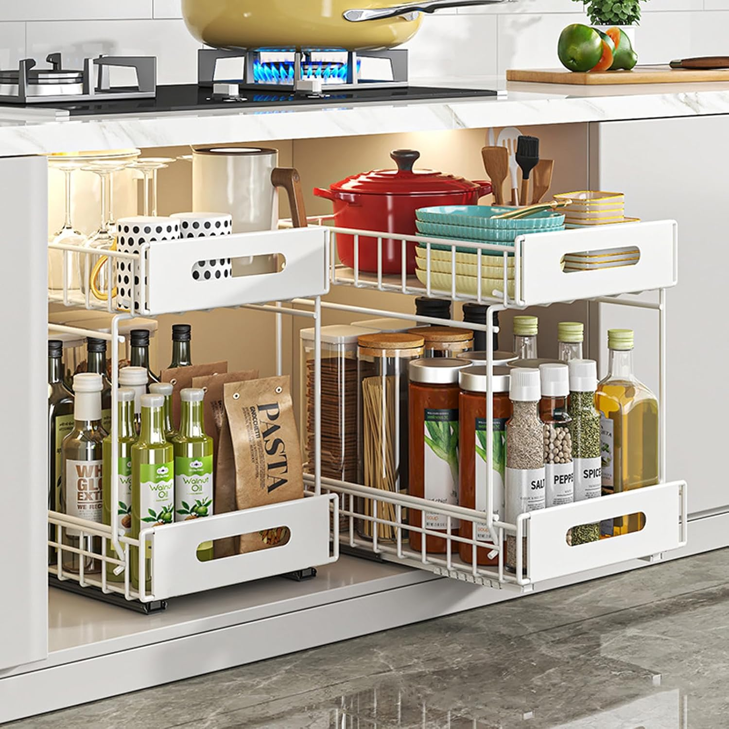 2-Tier under Sink Organizer and Storage, Adhesive Pull Out Cabinet Organizer, Peel and Stick Slide Out Drawer Shelf, Multi-Purpose Metal under Sink Storage Rack for Kitchen, Pantry, Bathroom (White) - Black image number 2