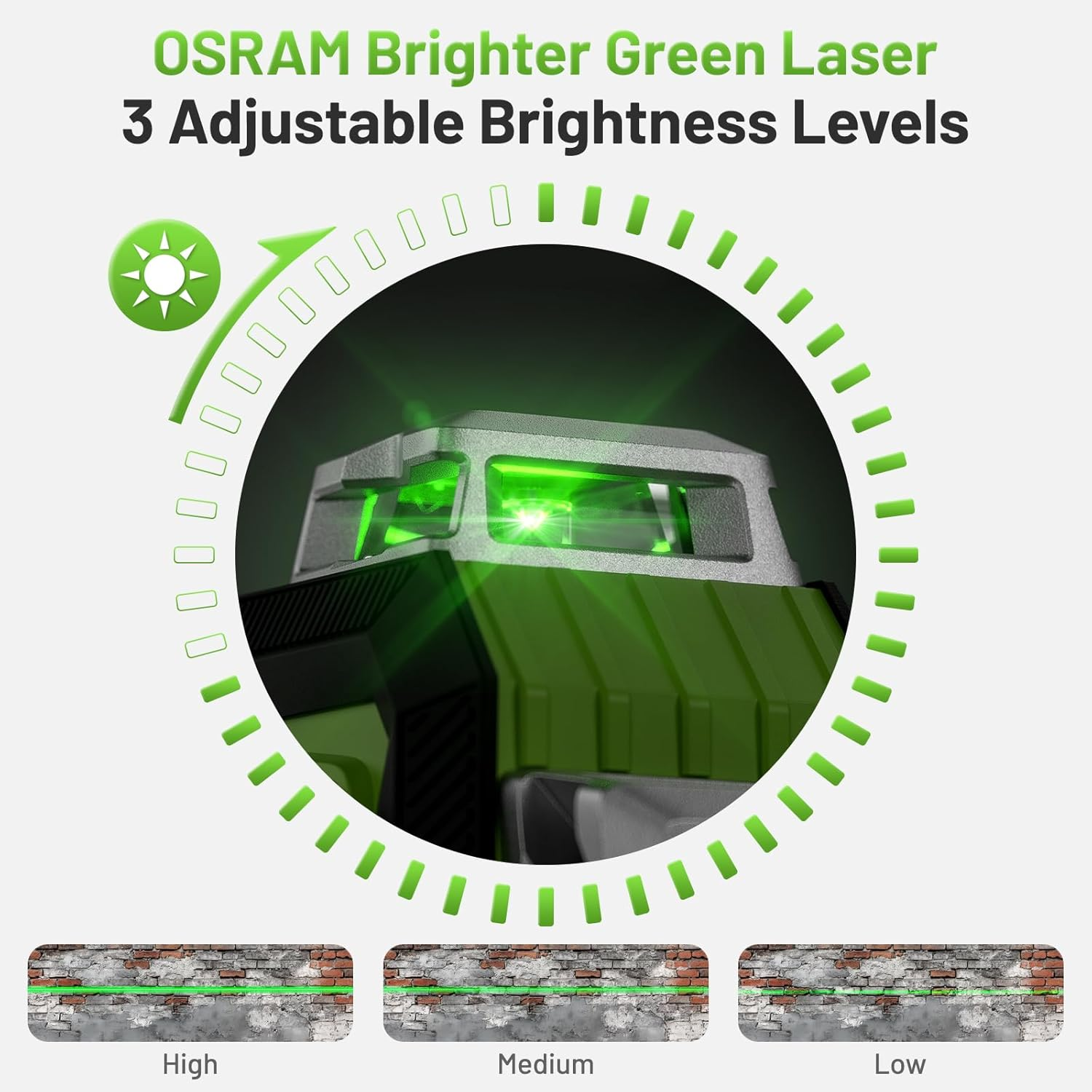 Huepar 3 X 360 Laser Level with LCD Display, 1/13In High Accuracy 3D Green Laser Line Level with Rechargeable Battery & Pulse Mode & Adjust Brightness Laser -Magnetic Base, Hard Carry Case