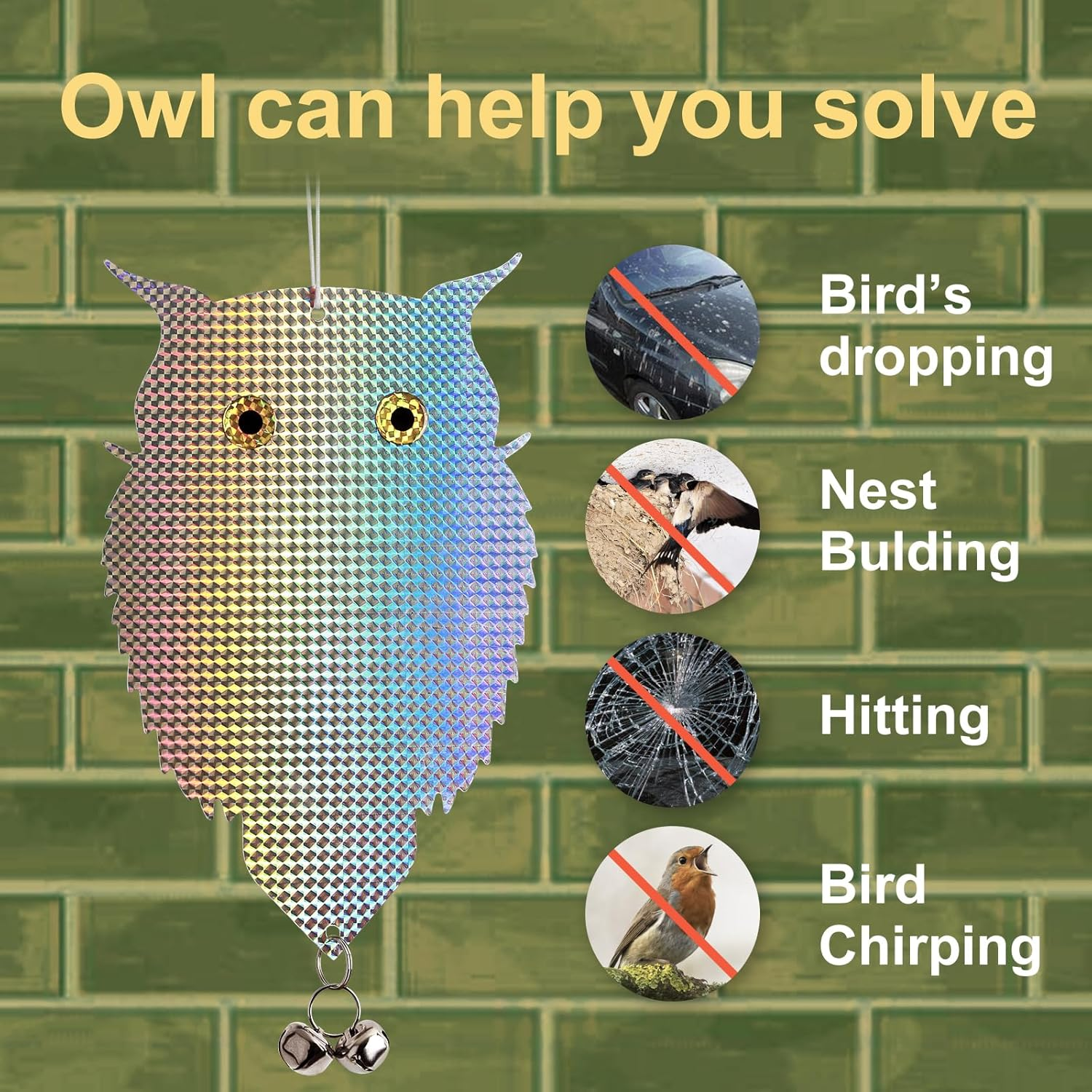 OFFO Owl Decoy for Pigeon Deterrent Hanging Outdoors Reflective Plastic Owls to Scare Pigeons to Keep Birds Away on Gardens with Bells 2 Pcs+4 Rods