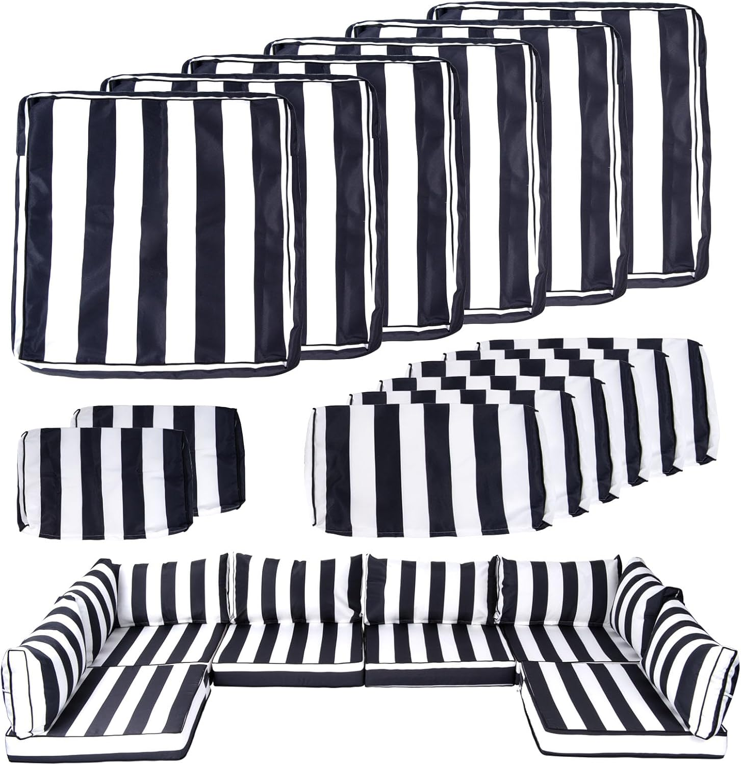 14 Piece Outdoor Patio Cushion Covers Replacement, Waterproof Outdoor Furniture Cushion Covers, Fit 7 Pcs 6 Seater Wicker Rattan Patio Conversation Sofa Set, Black & White Stripes(Only Cover)