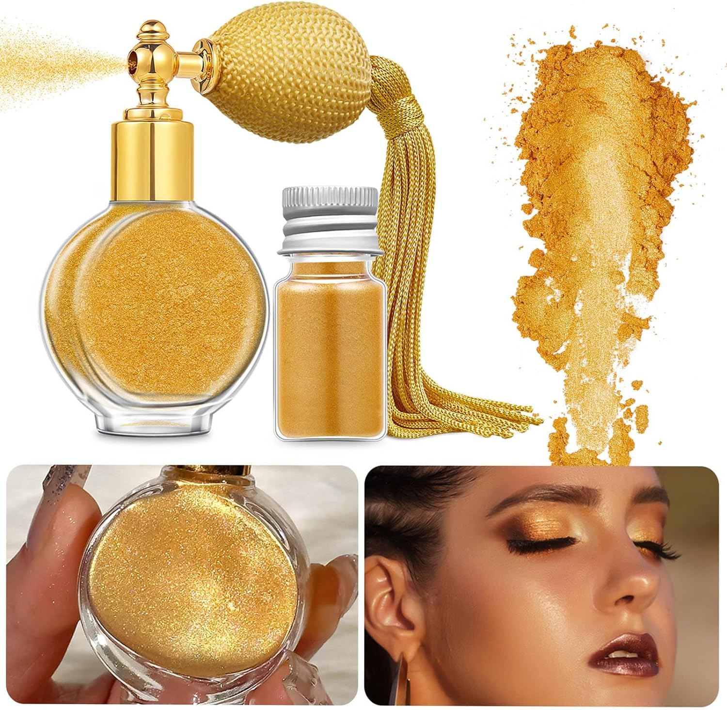 Glod Body Glitter Powder Spray, with Refills Jar Shimmery Sparkle Powder, Long-Lasting Body Highlighter Spray for Stage, Rave and Music Festival Makeup image number 5