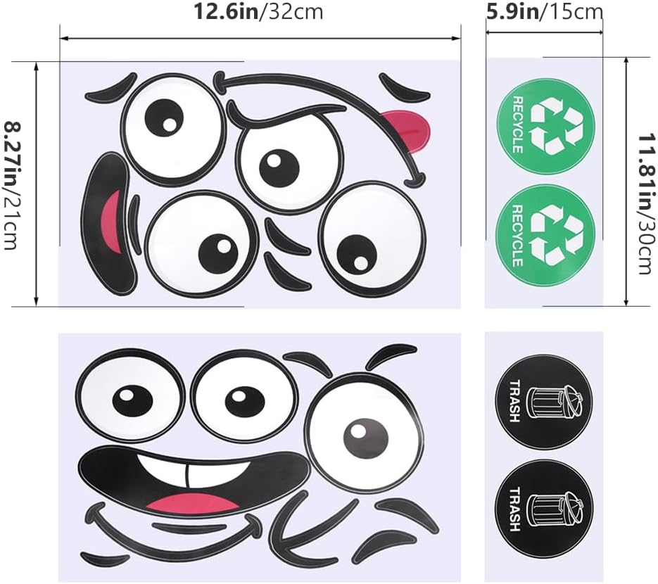 8 Sheets Wheelie Bin Stickers Adhesive Cartoon Expressions Dustbin Sticker Decorative Wall Stickers Eyes and Mouth DIY Large Decal for Fridge Bins Wall, Recycle Sticker Signs for Trash Can image number 2