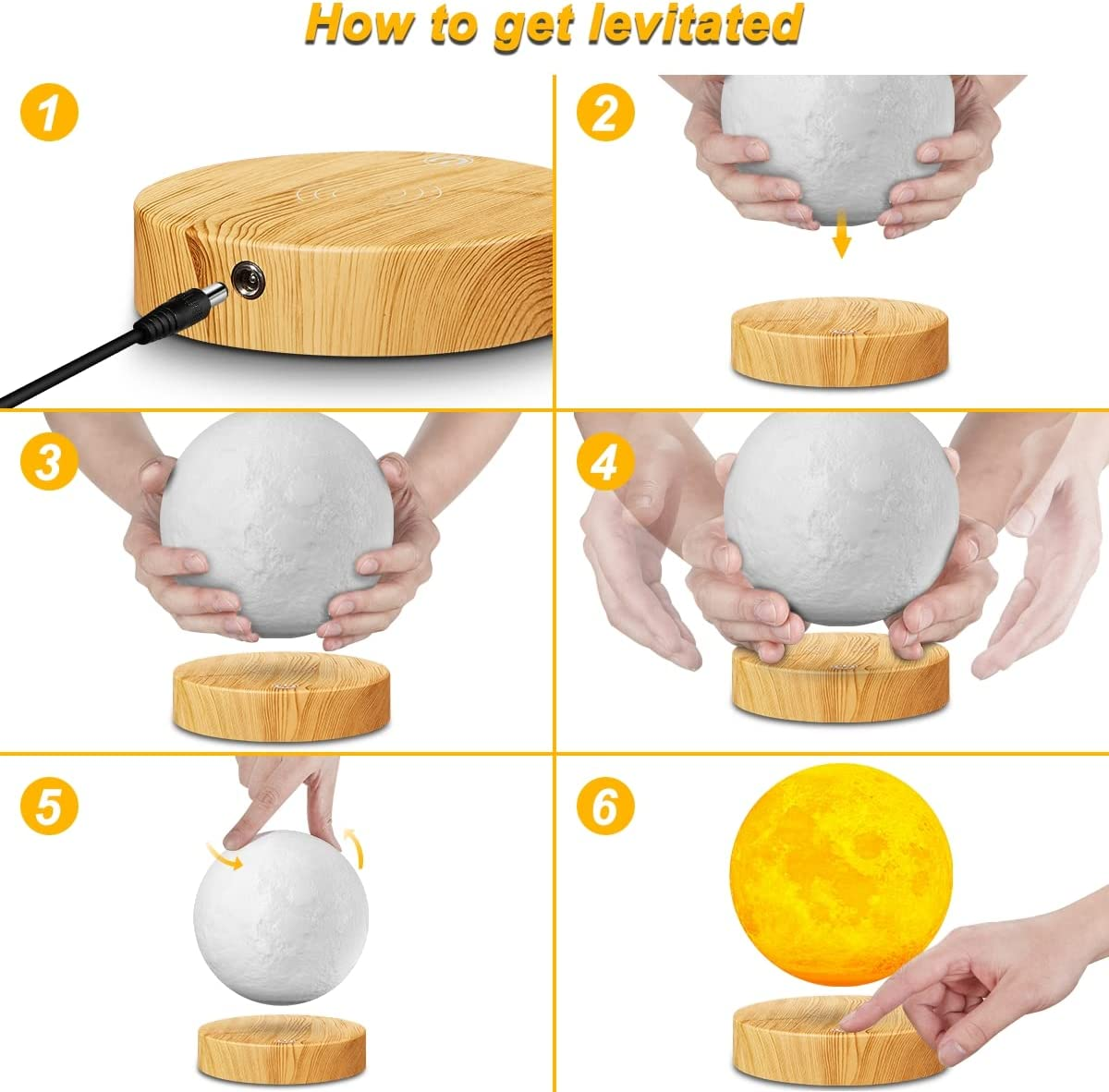 Levitating Moon Lamp - 3 Colors Modes Magnetic Levitation LED Moon Light, Rotation Floating 3D Printing Moon Night Lights for Home Office Desk Room Decoration round Base image number 3