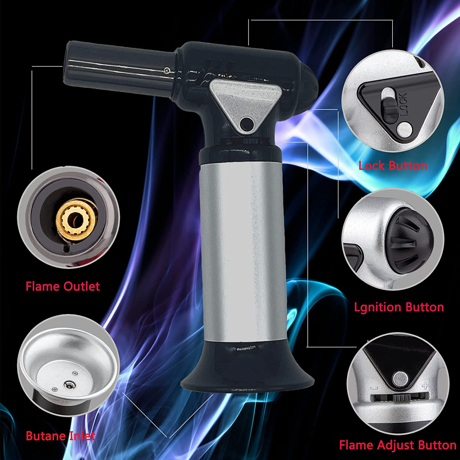 Meajore Culinary Butane Torch, Refillable Kitchen Torch Lighter, Blow Torch for Cooking, Searing, Baking, Crafting, and Camping, Aluminium, Lock and Adjustable Flame (Butane Gas Not Included) image number 2