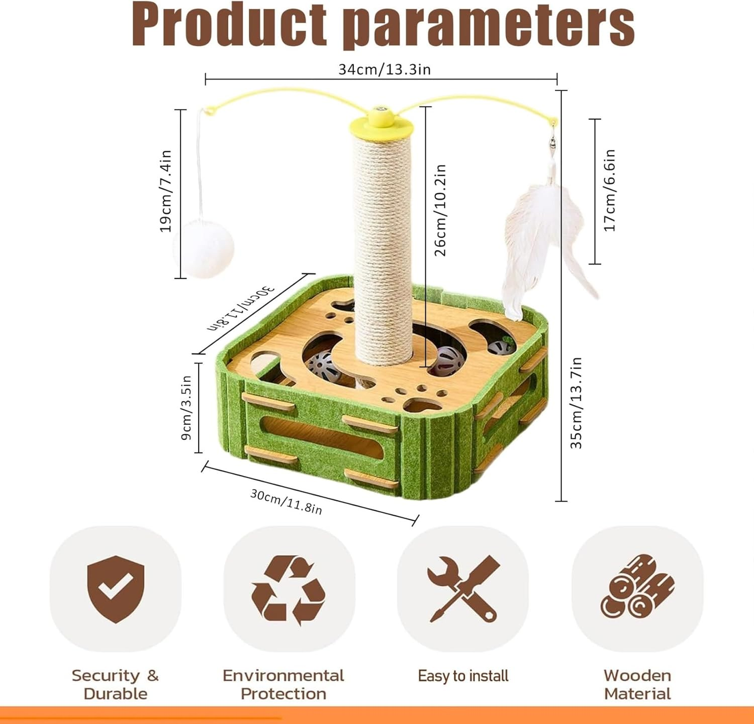 Cat Scratching Post with Multiple Interactive Toys, Vertical Sisal Cat Scratcher with Dangling Balls, Feather Teaser, Kitten Track Ball Toy for Indoor Cats (Square,Puzzle Box with Cat Post)