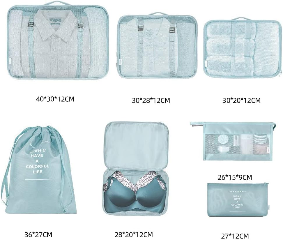 Packing Cubes for Travel, 7 Set Luggage Organizers with Shoe Bag, Electronics Bag, Cosmetics Bag, Accessories Bags Made with Wearable Waterproof Fabric (Pink) - Blue image number 5