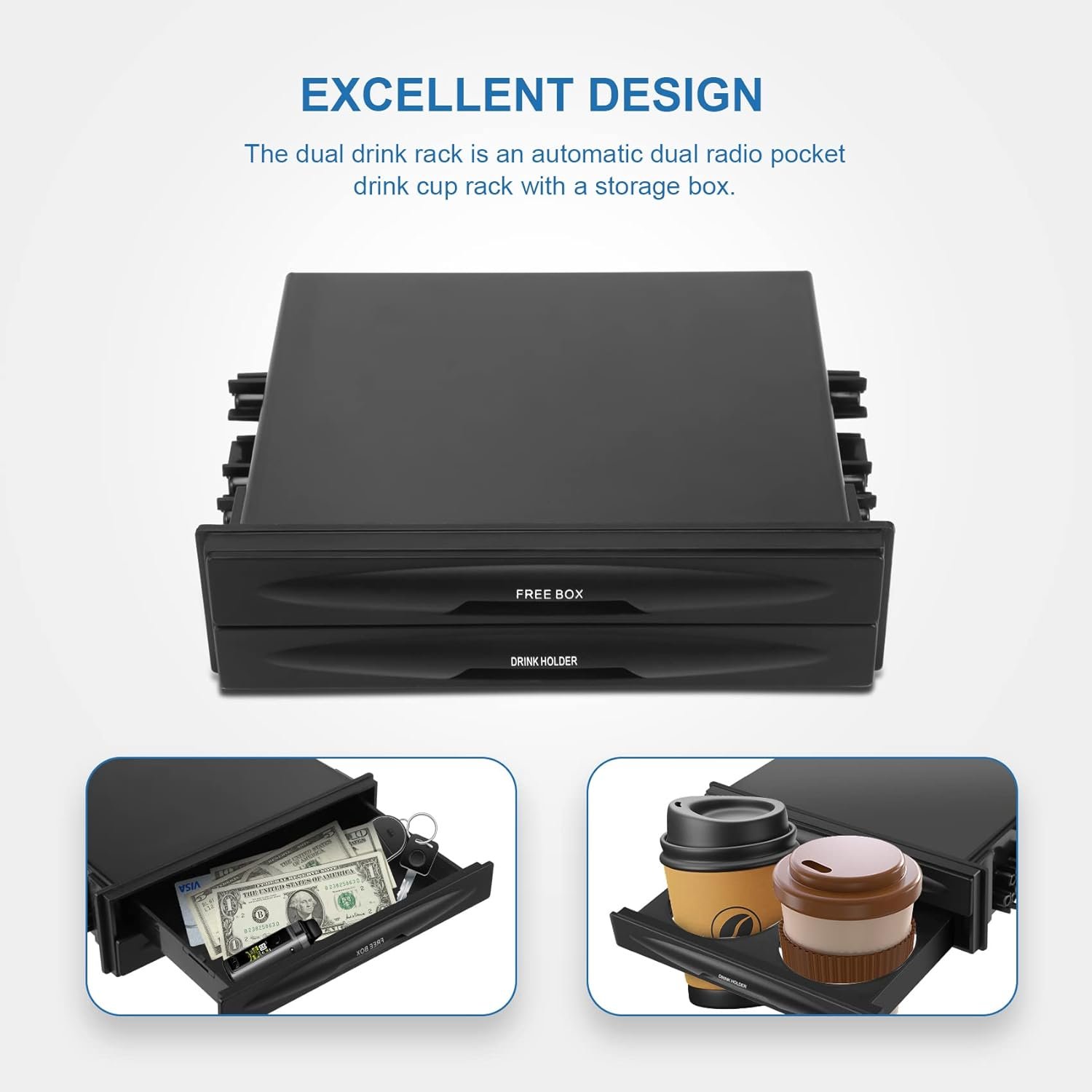 Dovhmoh Car Auto Single Din Radio Pocket, Universal Cd Radio Pocket Drink Cup Holder Storage Box Black image number 3