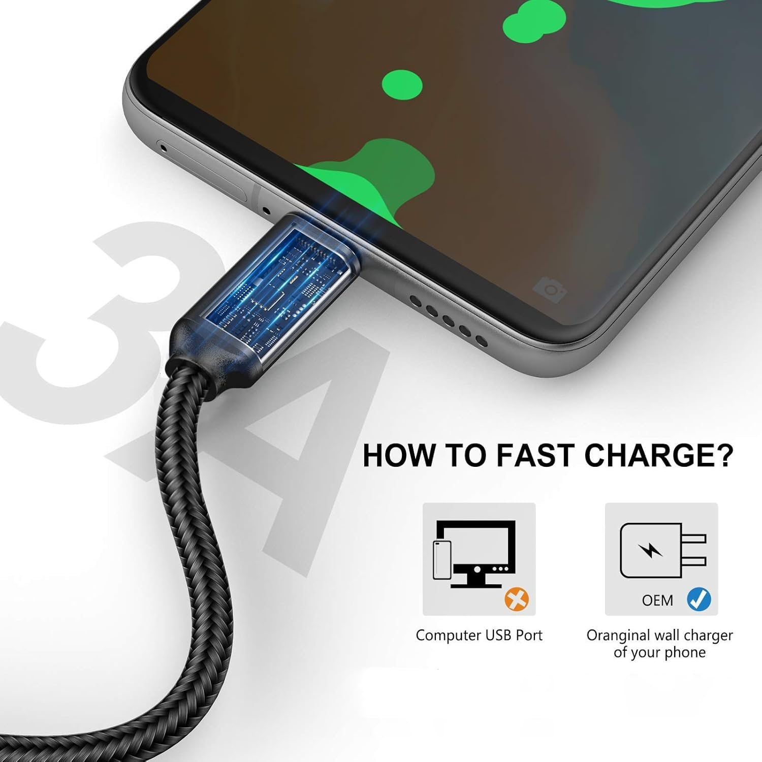 USB C Cable (1M 2-Pack), USB a to USB C Fast Charging Cord Nylon Braided Compatible with Iphone 17/16/15 Galaxy S25 S24 S23 S22 S21 A51 S10 S9, and Other USB C Devices-Black image number 3