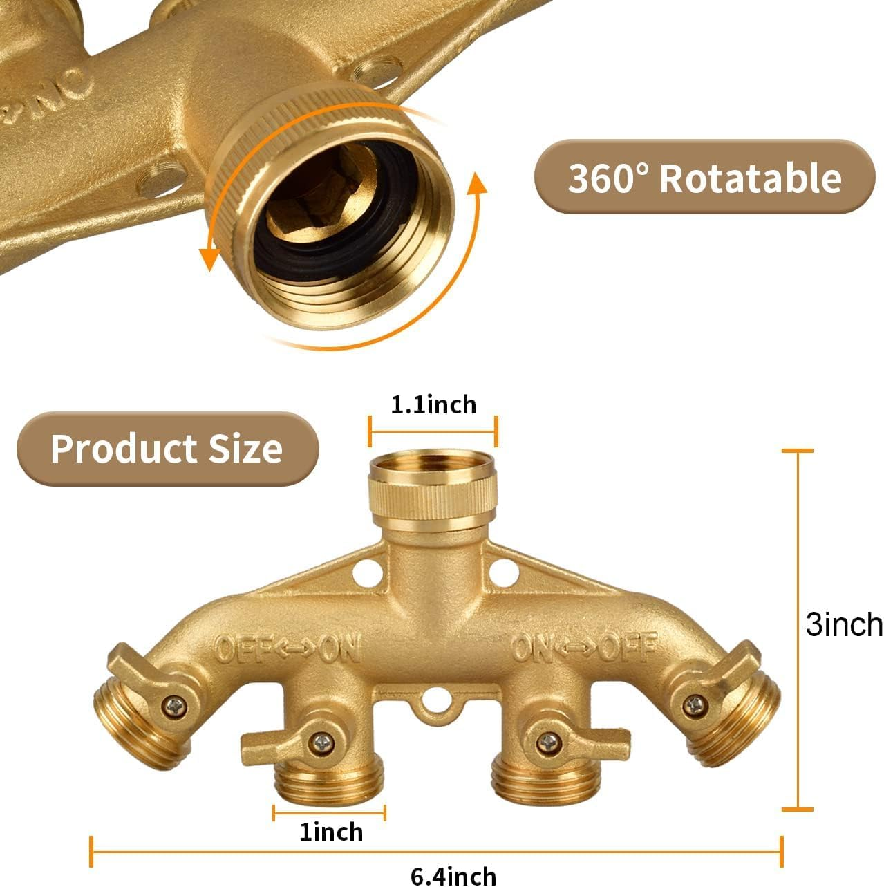 Garden Hose Splitter 4 Way, 3/4" Water Splitter with 8 Gaskets and Seal Tapes, 4 Way Independent Valve Heavy Duty Bronze Body Garden Hose Connector for Gardens, Home Life, Household Use image number 2