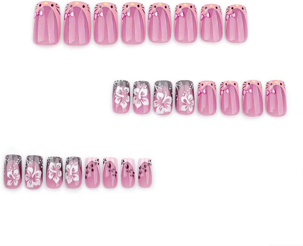 24PCS Cute Kitty Press on Nails,Medium French False Nails with Flower Pattern Design,Pink Purple Gradient Square Coffin Fake Nails for Women or Girls - Style-3 image number 2