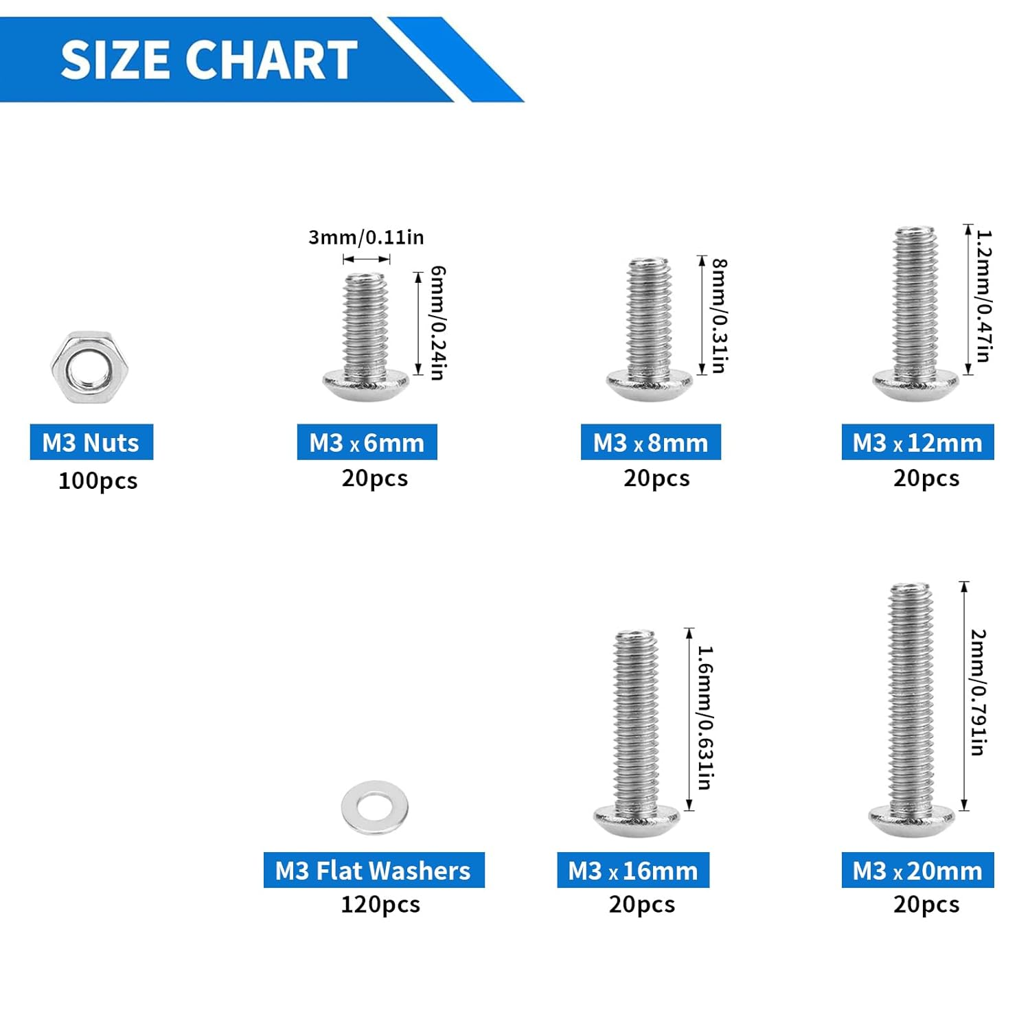 Zalizr 320 PCS M3 Screw Assortment Kit, Stainless Steel Phillips Pan Head Screws with Nuts & Washers, Machine Screws Hardware Set with Storage Box (6/8/12/16/20Mm) image number 4