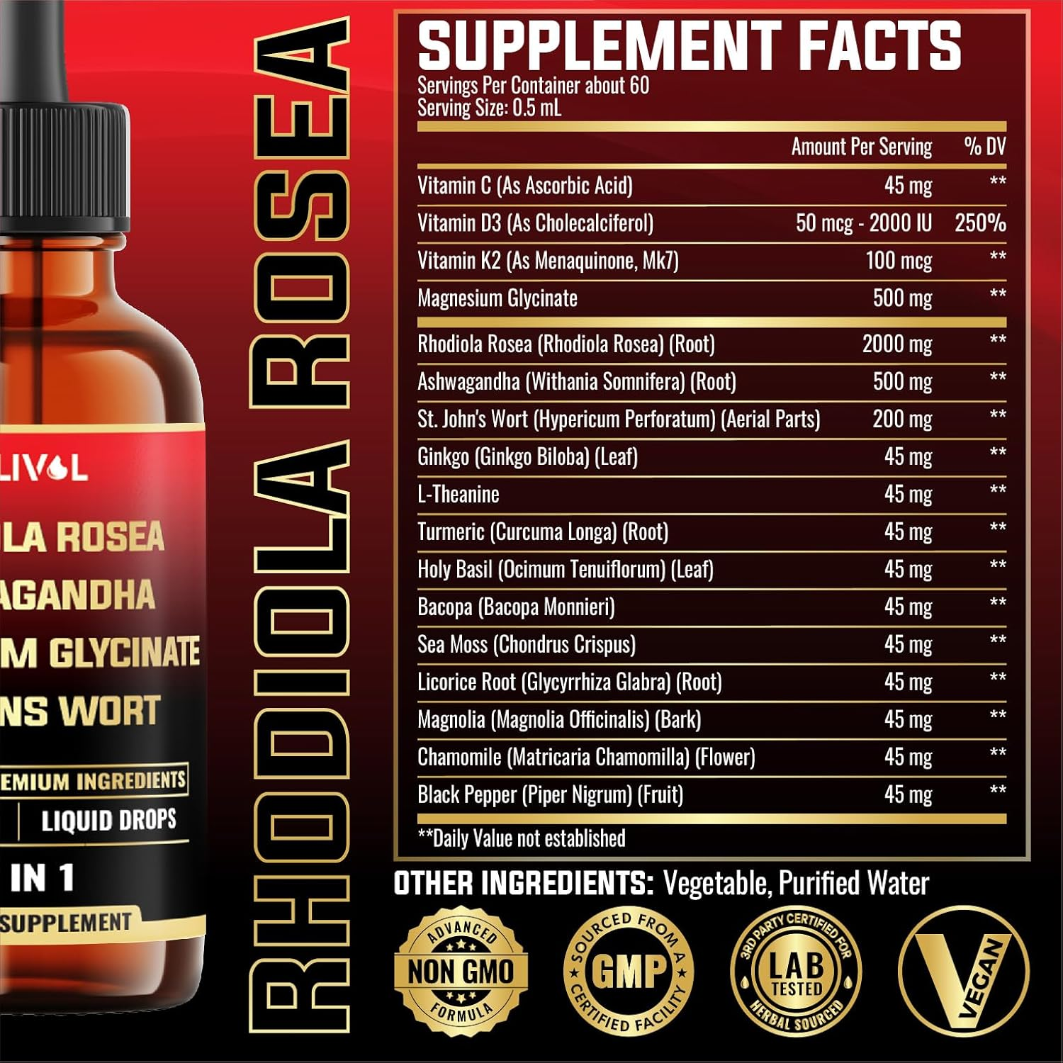 17In1 Rhodiola Rosea Tincture W.Ashwagandha Magnesium L-Theanine. Ultra Strength Rhodiola Cortisol Supplement for Relaxation, Mood, Energy - 60 Day Supply image number 6