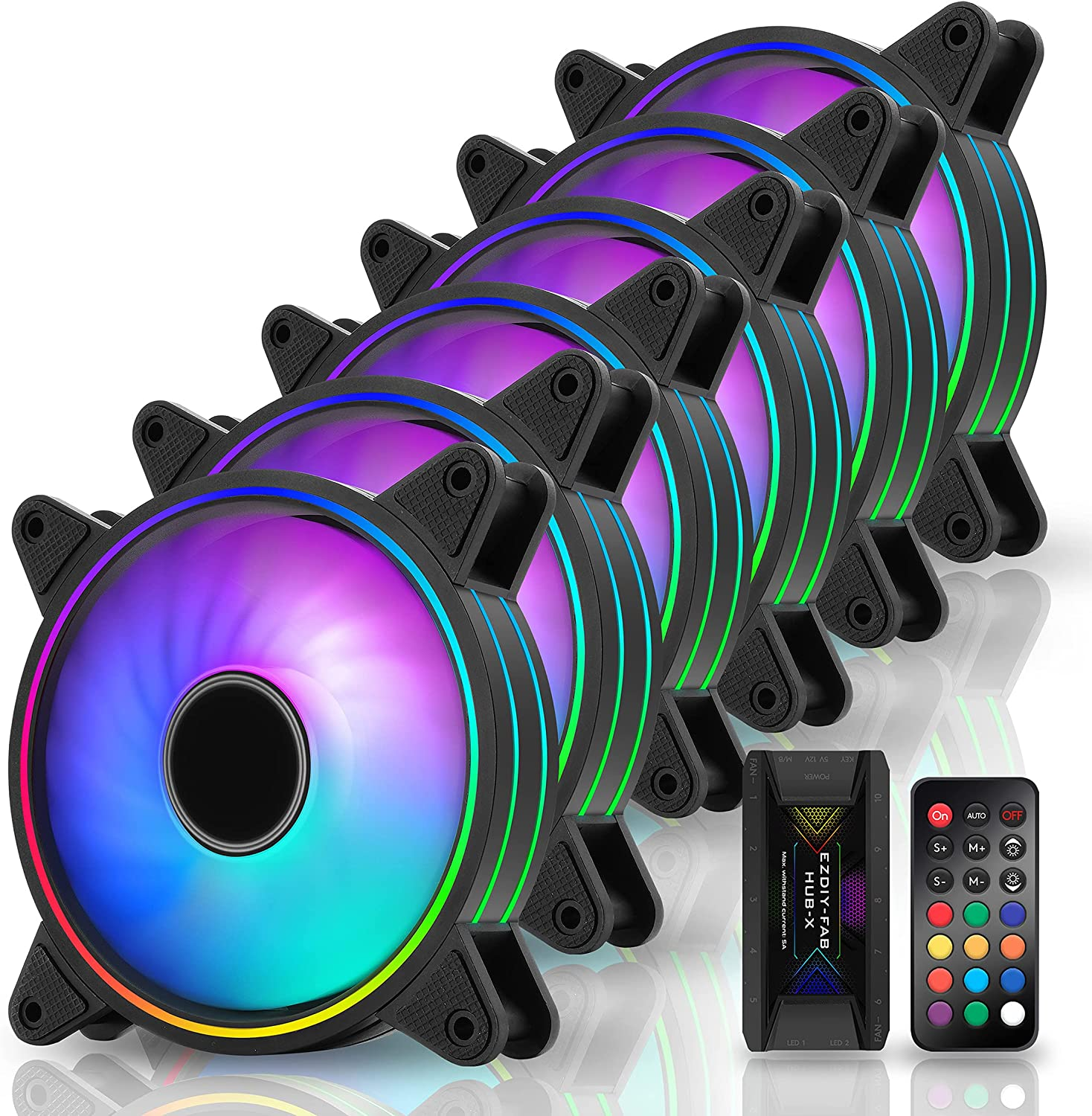 EZDIY-FAB Moonlight RGB Case Fan 120Mm with Fan Hub X and Remote,Motherboard Aura SYNC, Speed Control,Argb Computer Fan for PC Case- 6 Pack image number 2