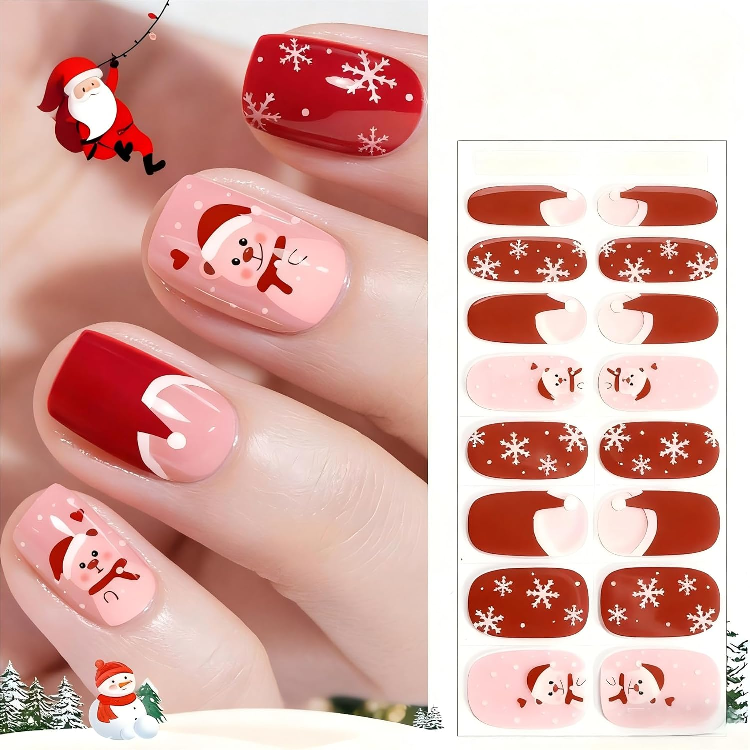 Amiiba 16Pcs Pink Glitter Christmas Tree French No-Baked Gel Nail Wraps,Waterproof Salon-Quality Self-Adhesive Nail Stickers for Women Girls, No UV/LED Lamp Needed (Lasts 14-28 Days) (Pink Glitter) image number 4