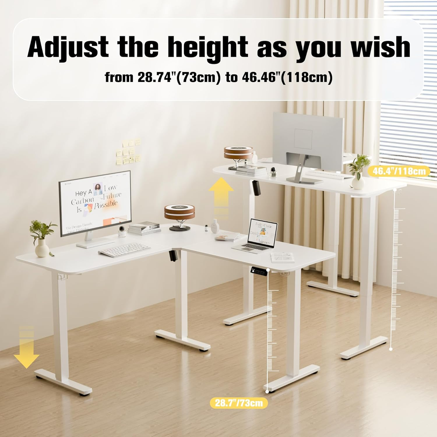 ERGOMAKER Corner Electric Standing Desk, 129 * 50Cm Height Adjustable L Shaped Desk, Stand up Desk with Splice Board, Sit Stand Desk with Memory Smart Handset(White Frame + White Desktop) image number 7