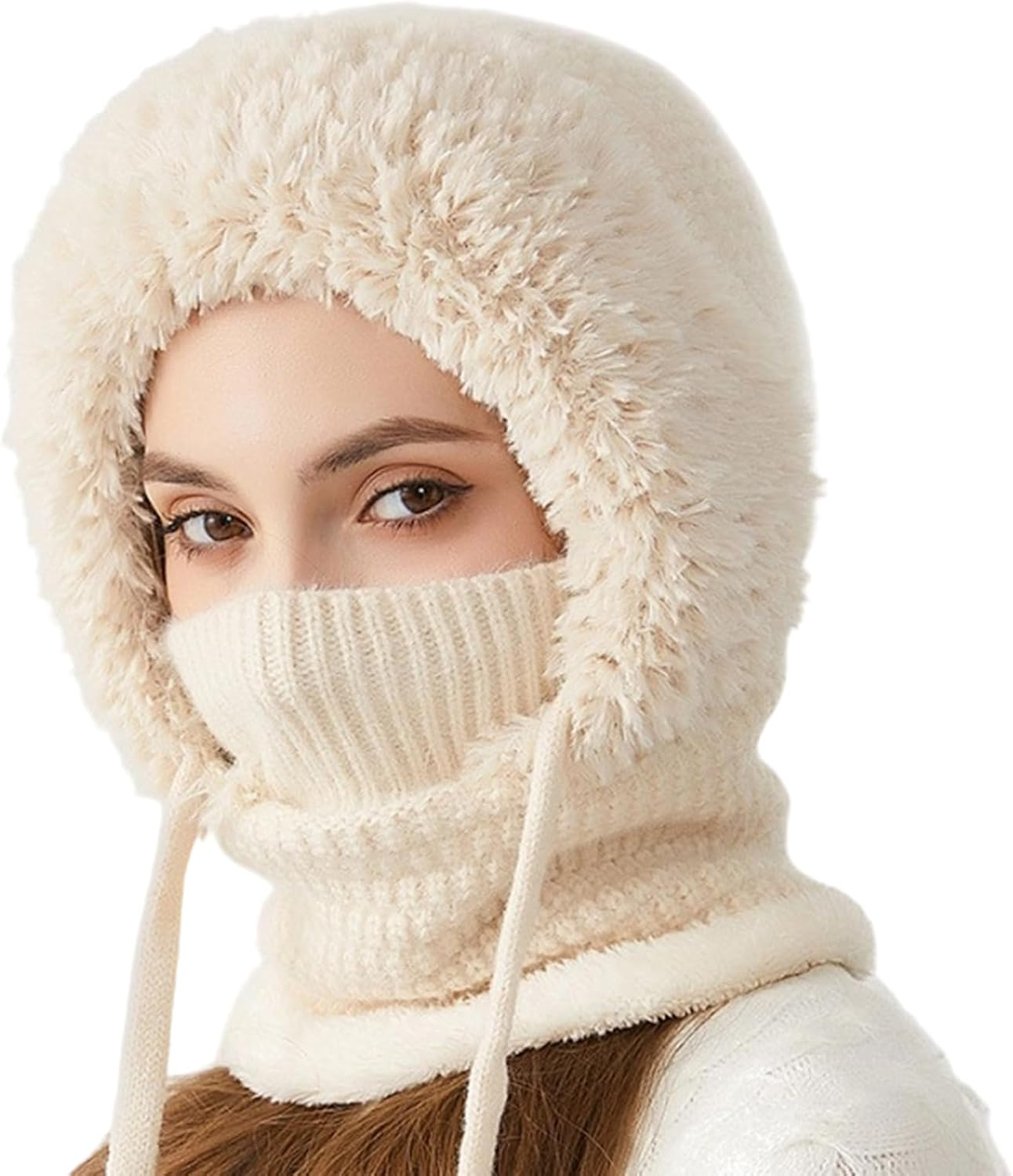 3-In1 Beanie Hat for Women | Winter Womens Beanie Hats | Windproof Knitted 3 In1 Storm Hood with Scarf and Face Maskes | Winter Snow Caps Plush Earmuffs Hats for Outdoor, Skiing & Hiking