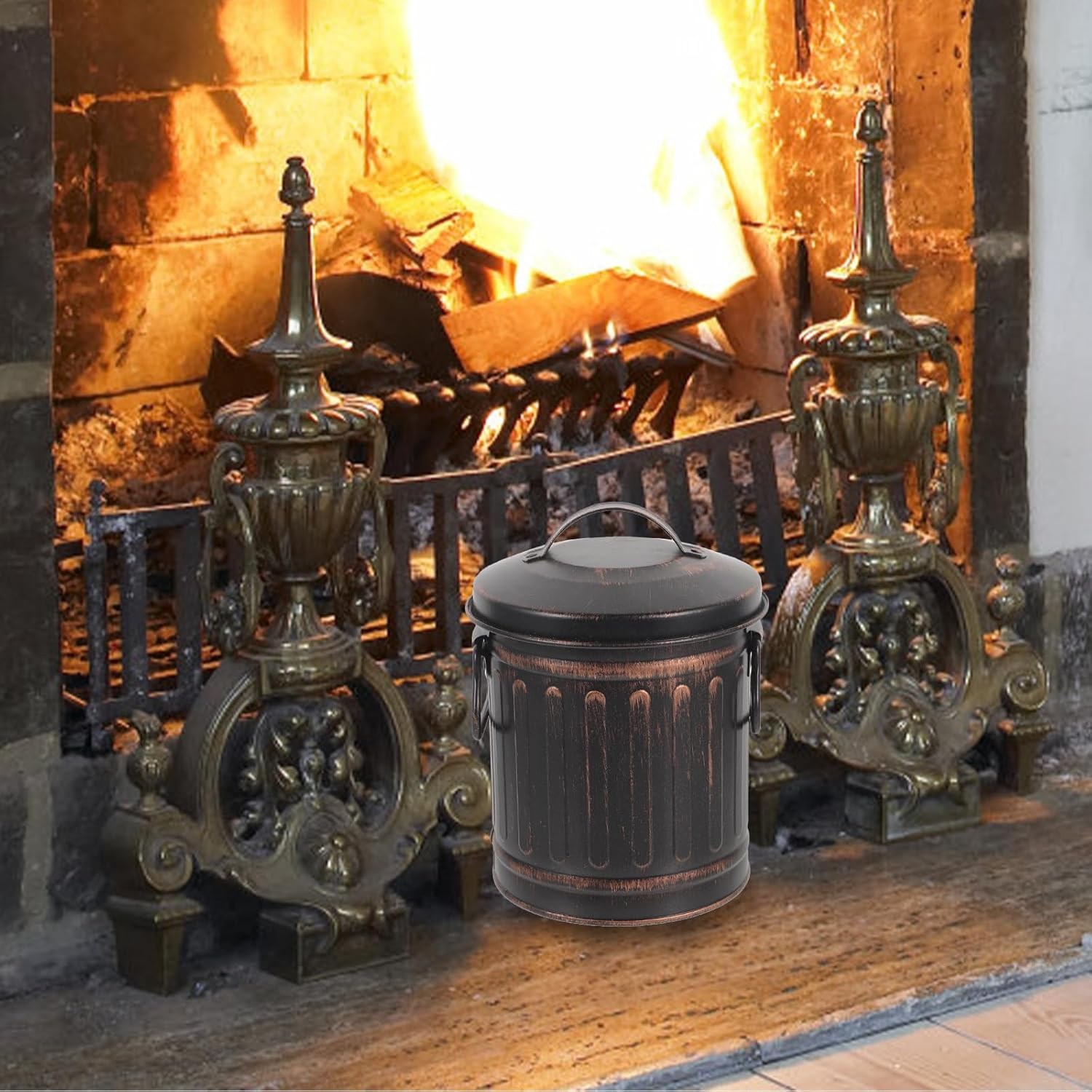 Happyyami Metal Ash Bucket with Lid 7.5 Inch Fireplace Ash Barrel for Hot Coal Storage and Outdoor BBQ Cleaning image number 1