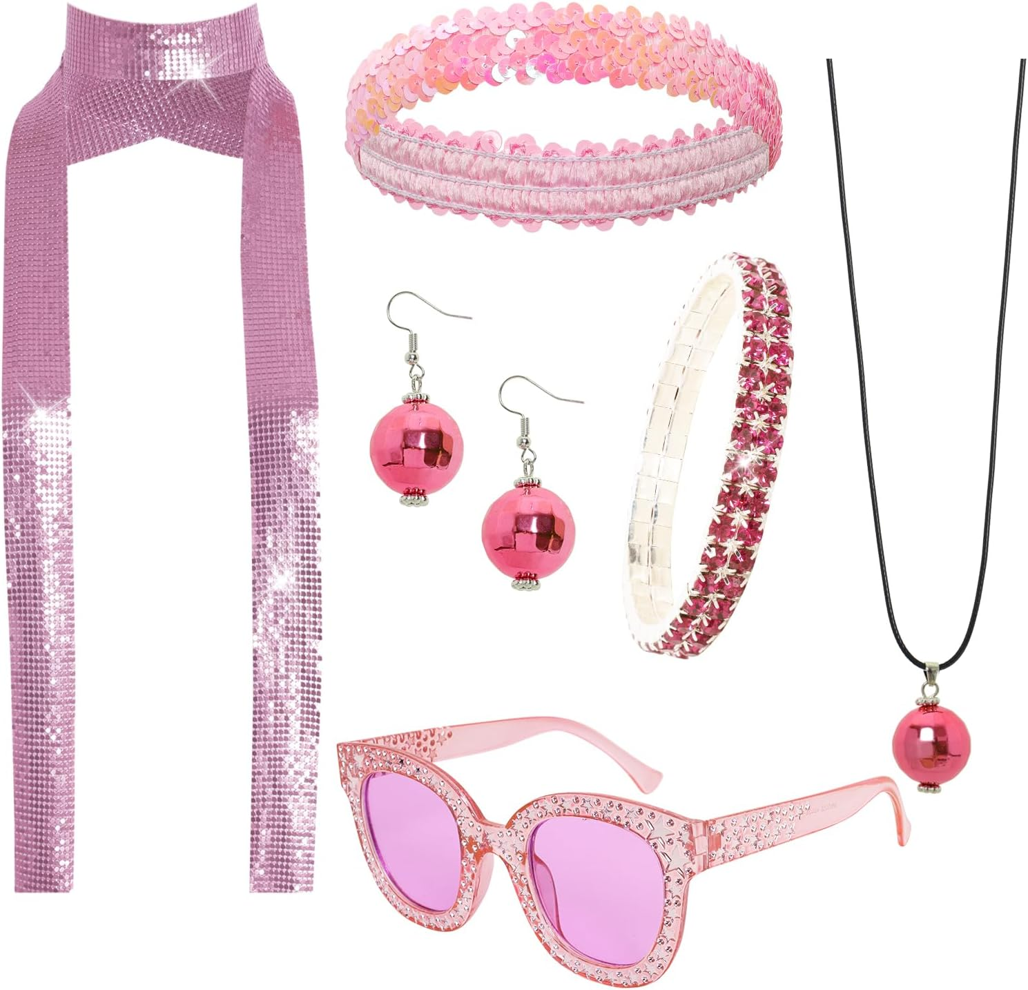 6 Pcs 70S Women Disco Accessories Disco Costume Jewelry Disco Sequin Scarf Headband Diamond Bracelet Ball Necklace Earring Glasses(Gold)