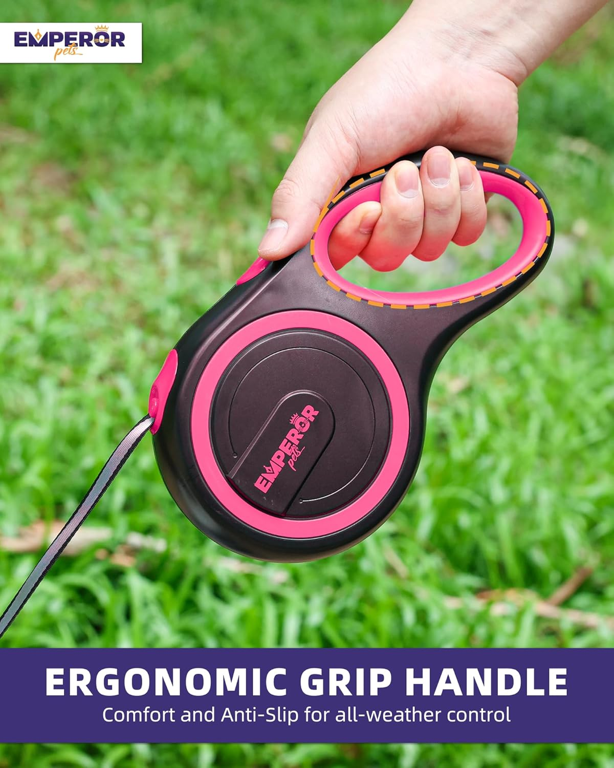 Emperor Pets 16 Ft / 26 Ft Retractable Dog Leash Large Breed | Heavy Duty Dog Leash Retractable, Strong Dog Leash & Durable Dog Leashes for Large Breed Dogs, Anti-Slip Handle, One Hand Lock - Pink 26 image number 2