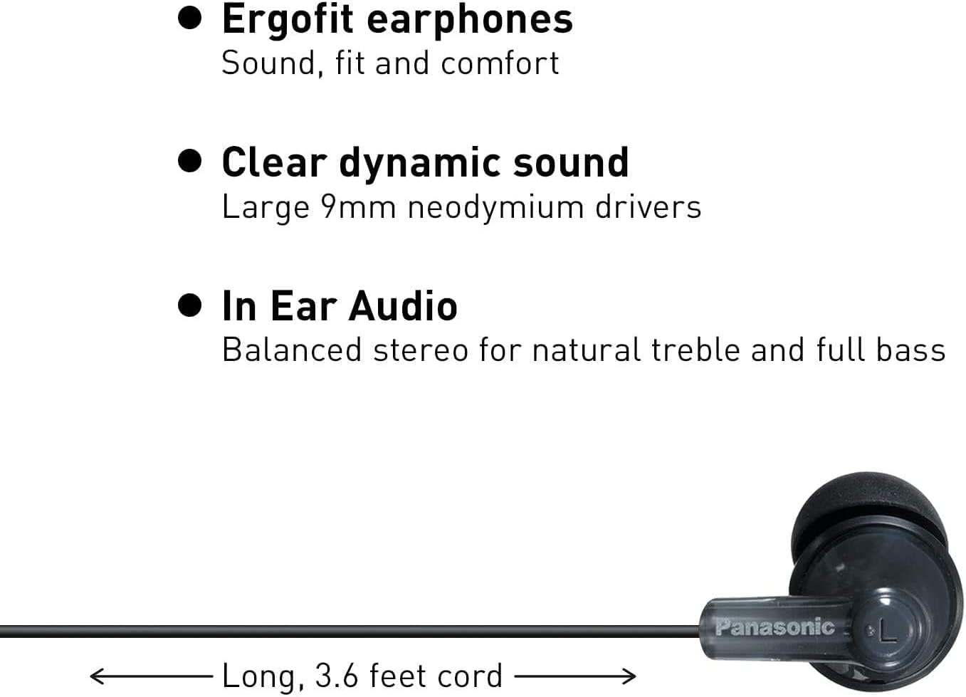 Panasonic Ergofit In-Ear Earbud Headphones with Dynamic Crystal Clear Sound, Black (RP-HJE120PPK) image number 6